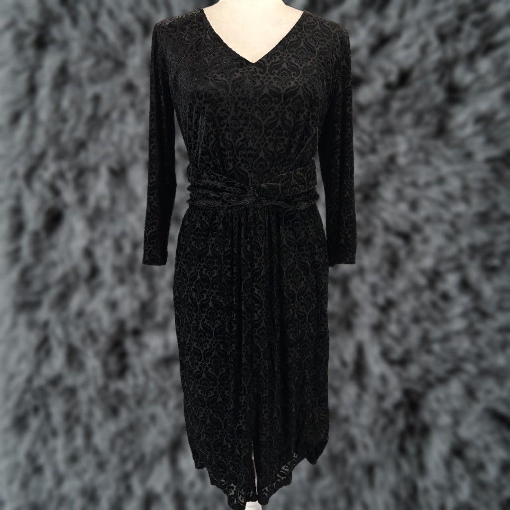 VINTAGE? Talbots Velvet Burnout Dress Midi Sheath Women's Size M Black Gothic Stretch 10 Ladies Witchy Twist Men/Women?