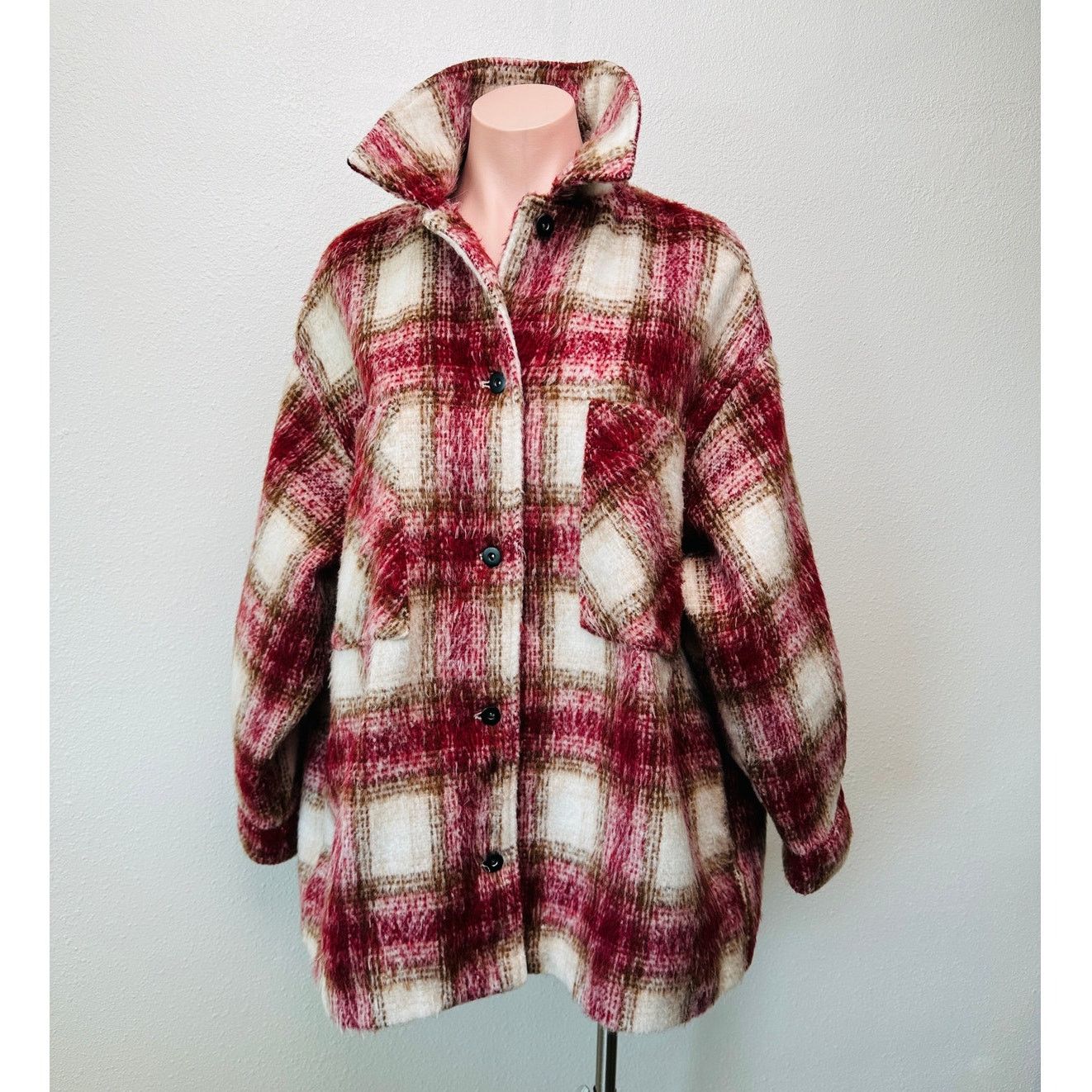 Zara Zara Jacket Red Brown Cream Plaid Womens US XL Fuzzy Size XL / US 12-14 / IT 48-50 - 2 Thumbnail