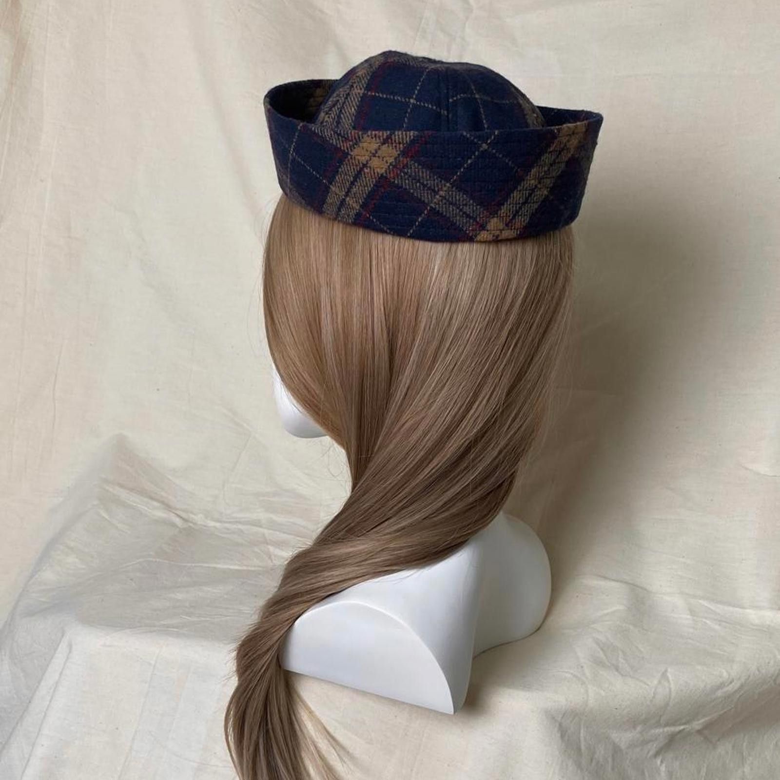 Japanese Brand Retro Wool Blend Navy Plaid Beret Sailor Hat Y2K French Girl Size ONE SIZE - 4 Thumbnail