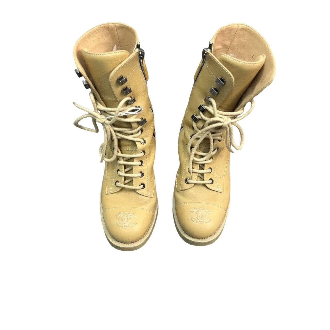 Chanel Chanel Beige Leather CC Logo Combat Boots Size 35.5 Size US 5.5 / IT 35.5 - 1 Thumbnail