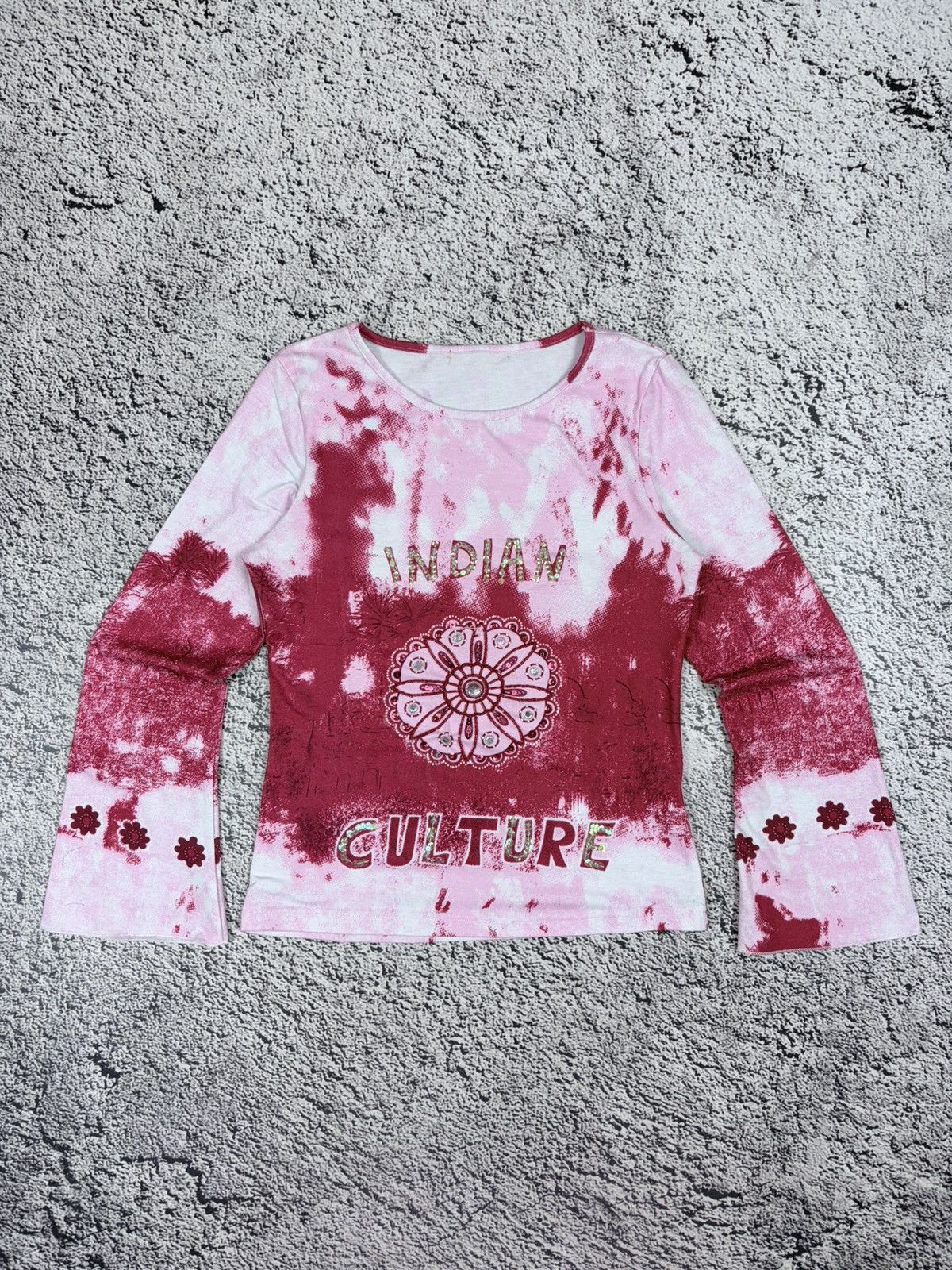 Japanese Brand Vintage Y2K Pink Tie Dye Rhinestone Flare Longsleeve Tee Size S / US 4 / IT 40 - 1 Thumbnail