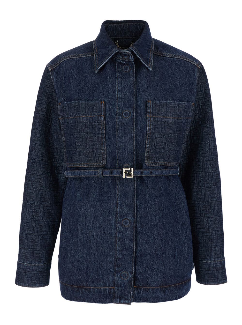 Fendi Blue Denim Jacket with Pointed Collar and Waist Belt with FF Plate for Women Size M / US 6-8 / IT 42-44 - 1 Thumbnail