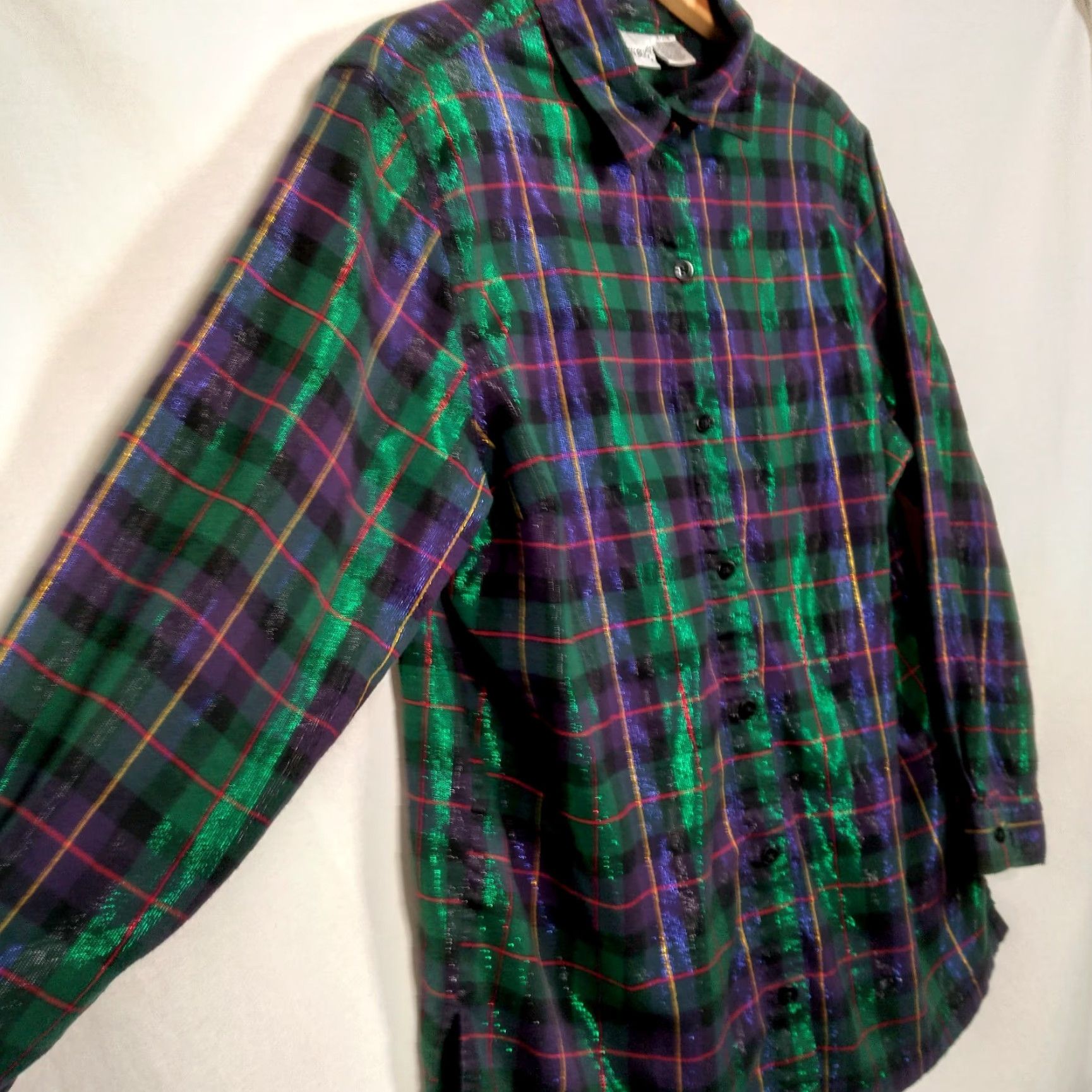 Vintage VINTAGE Fashion Bug Womens Blouse 18/20 Green Purple Plaid Metallic Long Sleeve 90s Fall Winter Casual Size XXL / US 16-18 / IT 52-54 - 2 Thumbnail