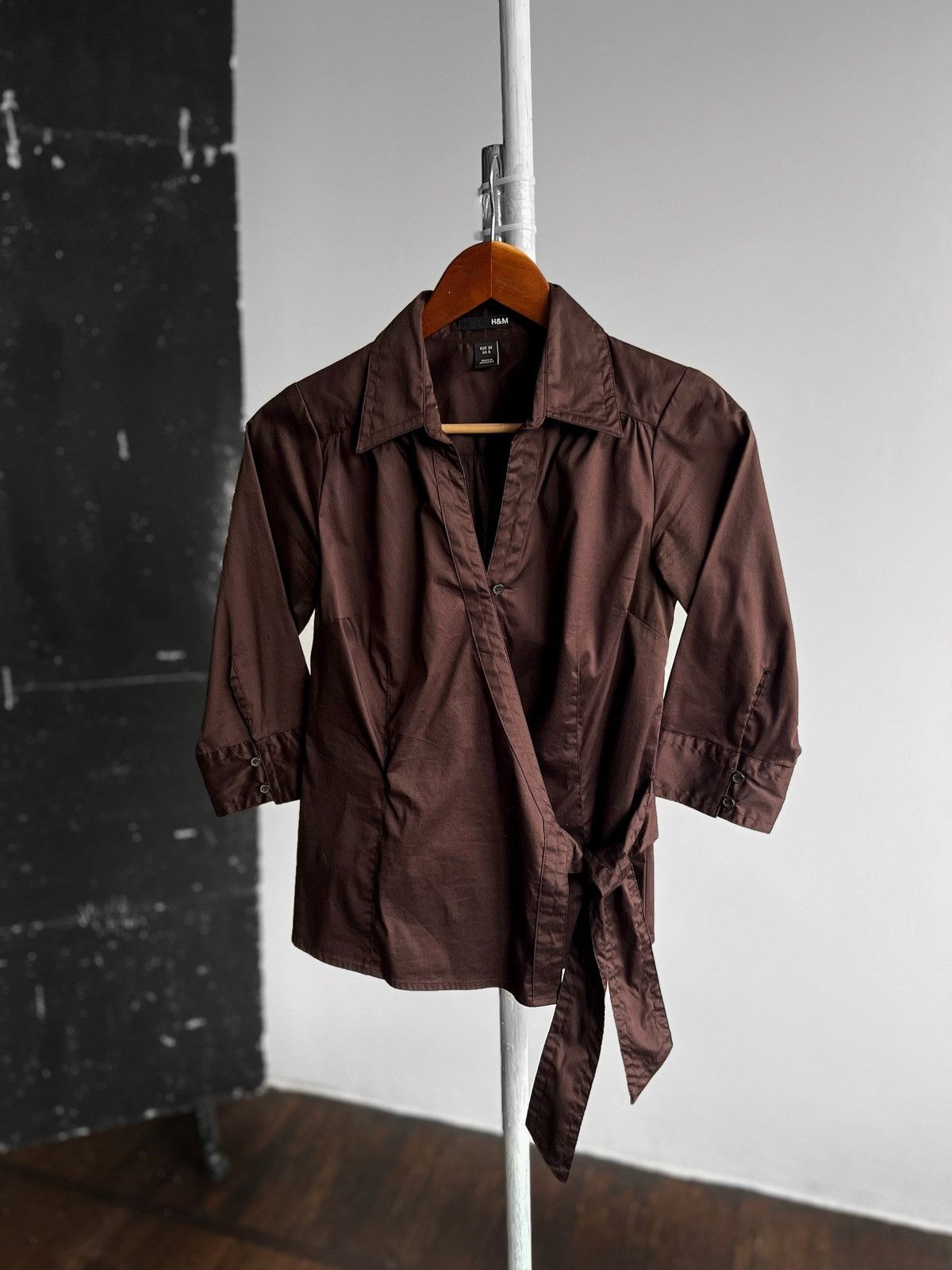 Designer × H&M H&M Womens Dark Brown Wrap Tie Sash Blouse Top Half Sleeve Size S / US 4 / IT 40 - 1 Thumbnail