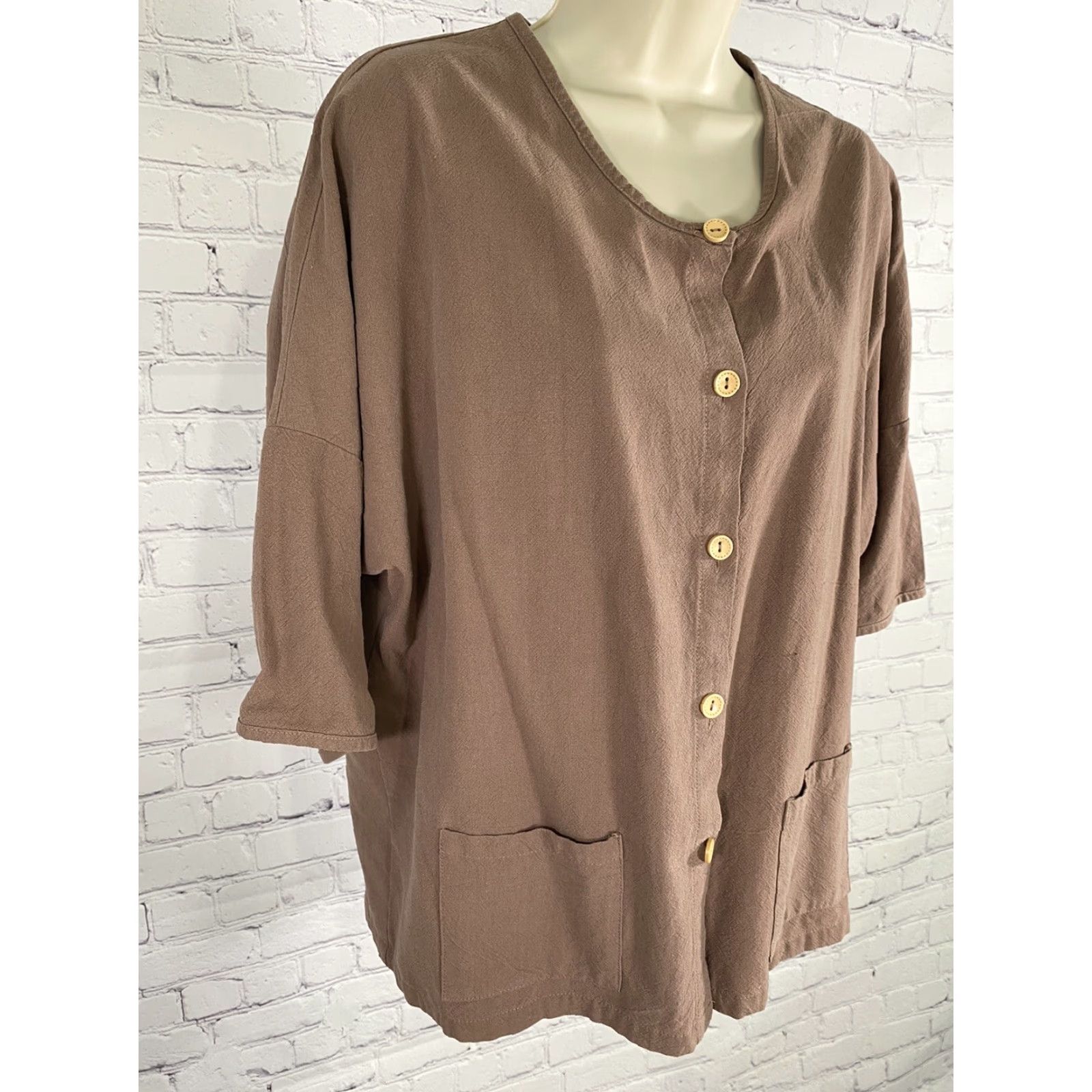 Vintage Ecupper Brown Short Sleeve Button-Up Pockets M Medium Shirt Women Regular Size 32" / US 10 / IT 46 - 2 Thumbnail