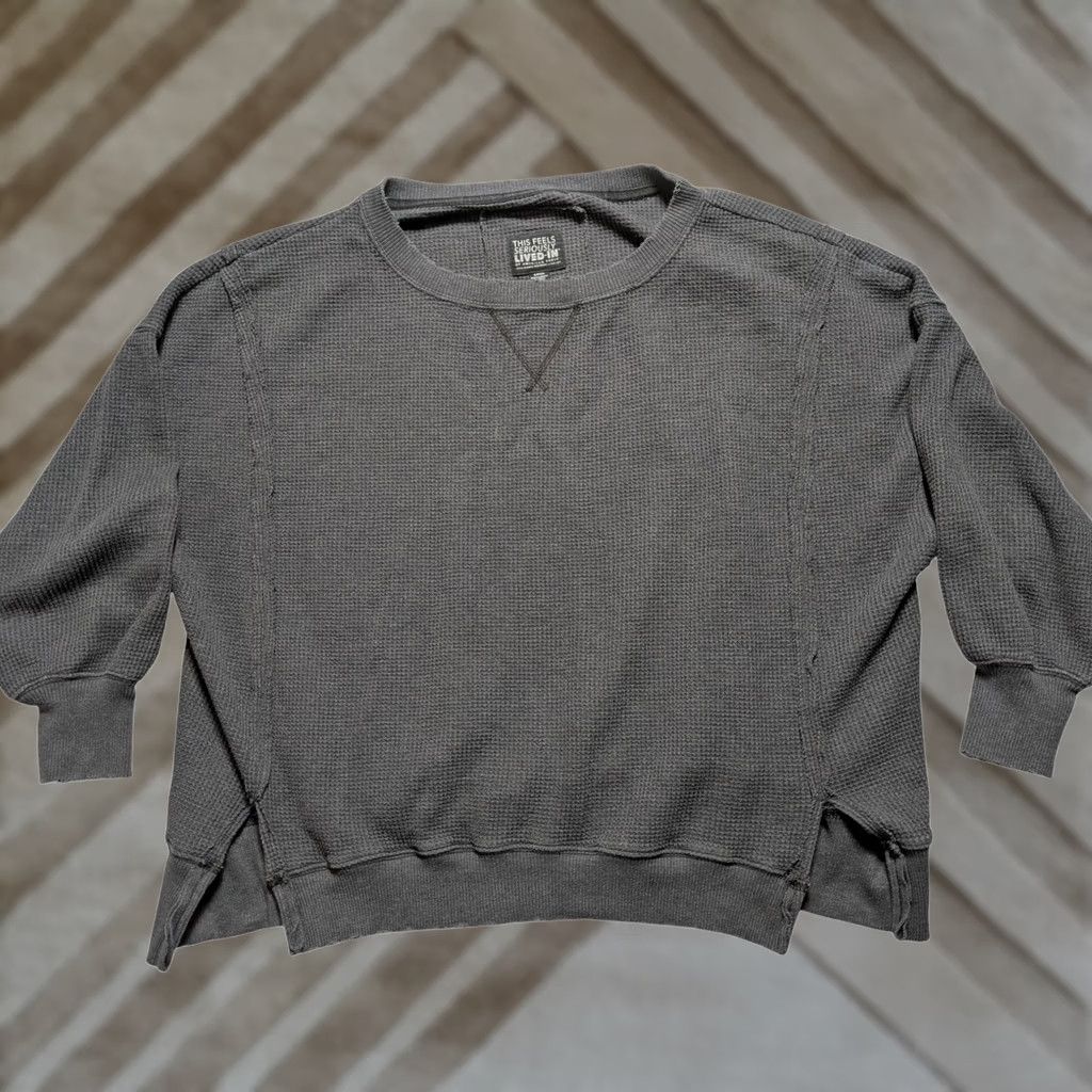 American Eagle Outfitters VINTAGE American Eagle Seriously Lived-In Waffle Knit Thermal Top Grey Small Oversized Size S / US 4 / IT 40 - 1 Thumbnail