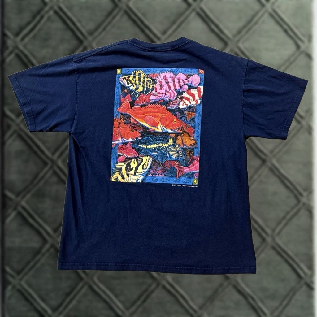 Hanes VINTAGE Ray Troll 'Long Live Rockfish' Art Shirt Large Striped Bass Texas 90s Blue Mens Size US L / EU 52-54 / 3 - 1 Thumbnail