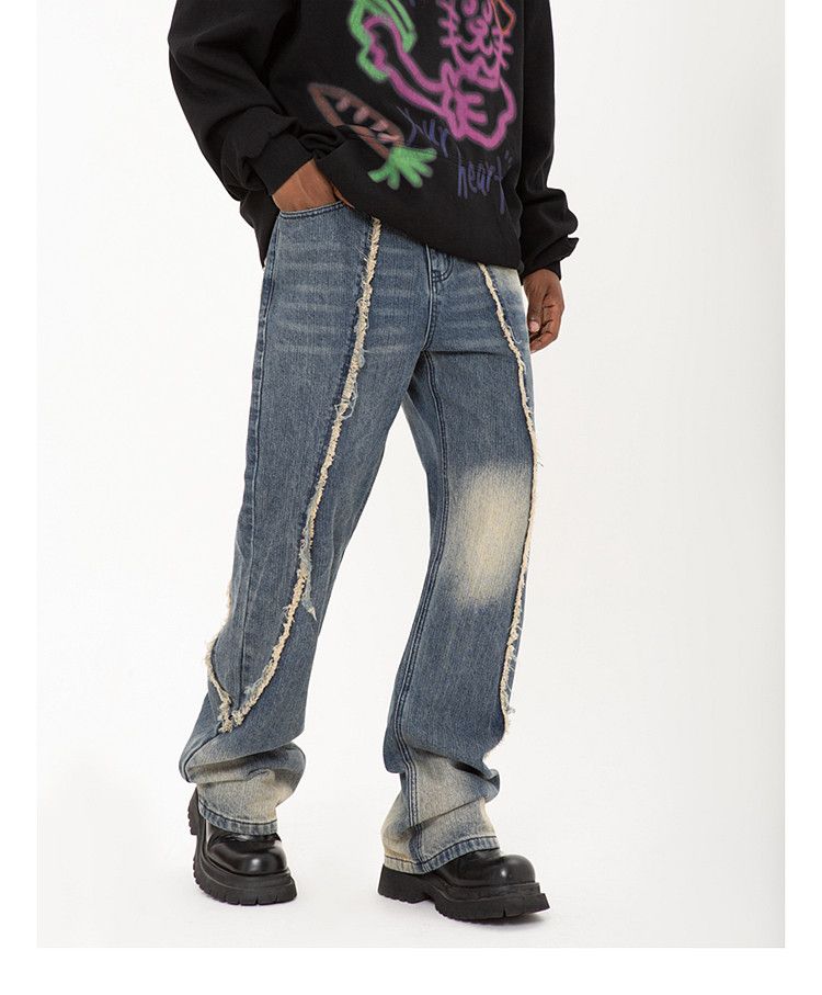 image of Distressed Denim Raw Edge Faded Loose Jeans in Blue, Men's (Size 32)