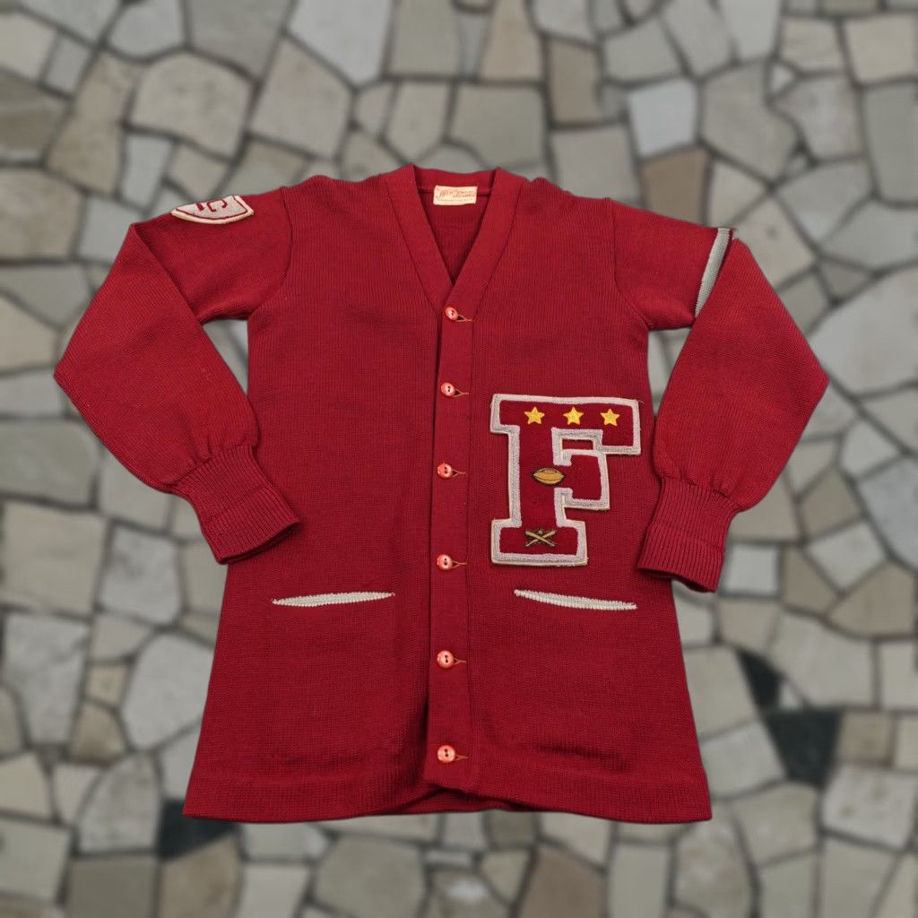 Vintage VINTAGE Albion Cardigan Mens Small Red Wool Varsity 50s College Sweatshirt Cardigan - Long Sleeve Knit Wool Button Logo Pockets 1950s Mens Size US M / EU 48-50 / 2 - 1 Thumbnail