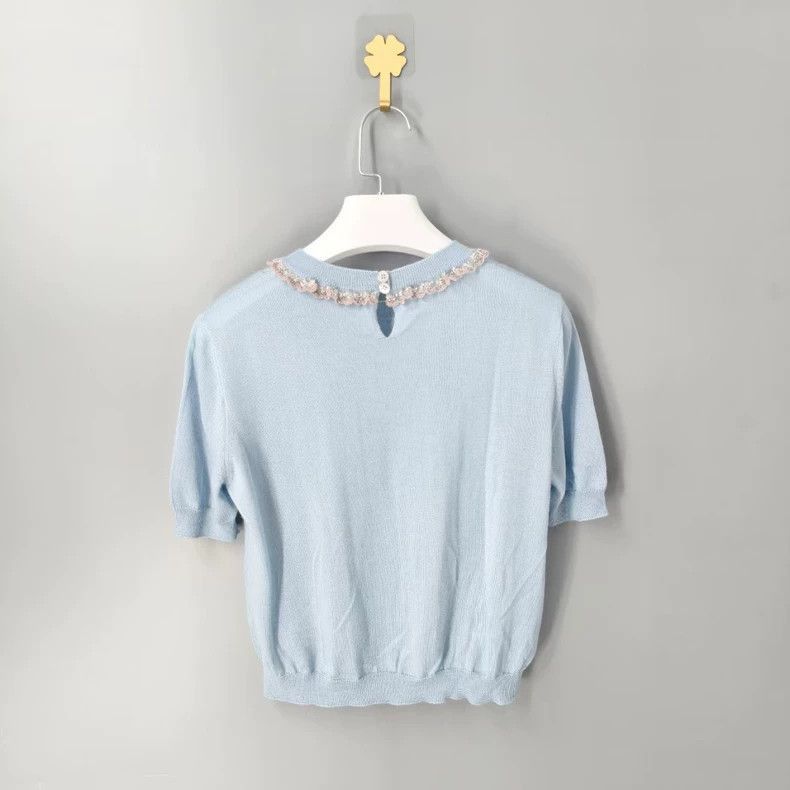 Prada Miu Miu Light Blue Short Sleeve Knit Top -2505 Size US M / EU 48-50 / 2 - 2 Thumbnail