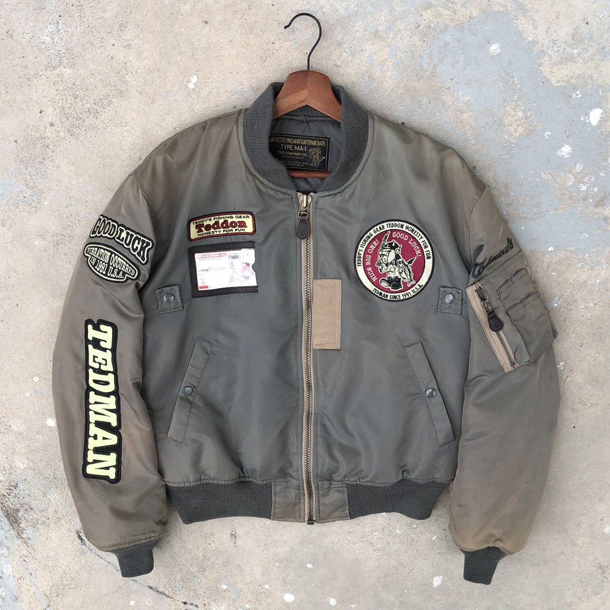 image of Bomber Jacket x Tedman VTG Tedman Japan Embroidered Fishing Gear Ma-1 Flying Jacket in Green (Size 