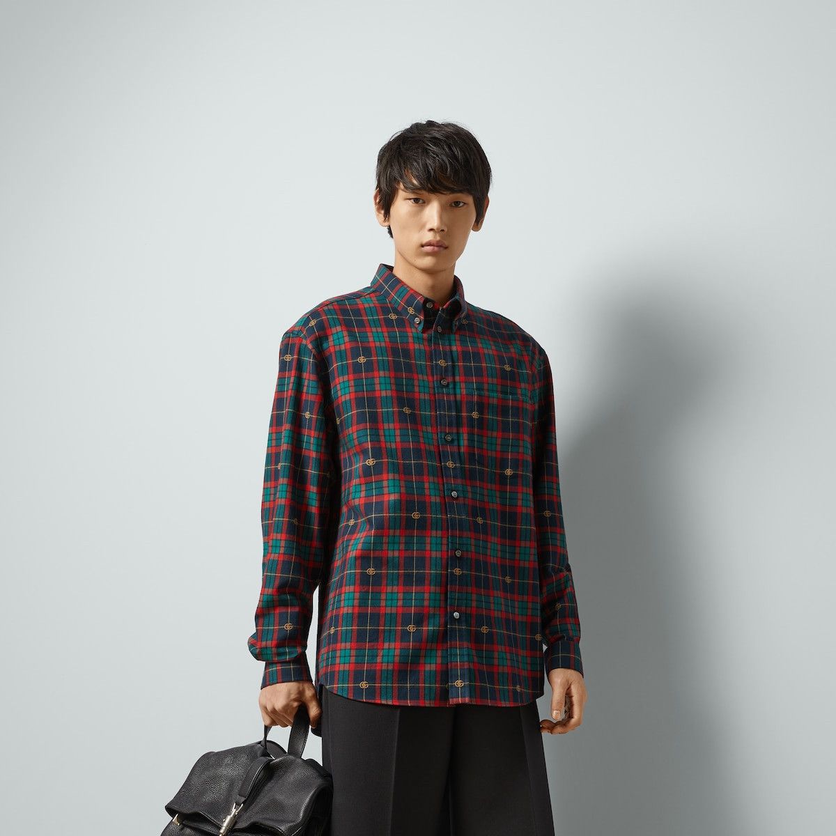 46 S Gucci Tartan GG Plaid Long Sleeve Shirt Green Blue