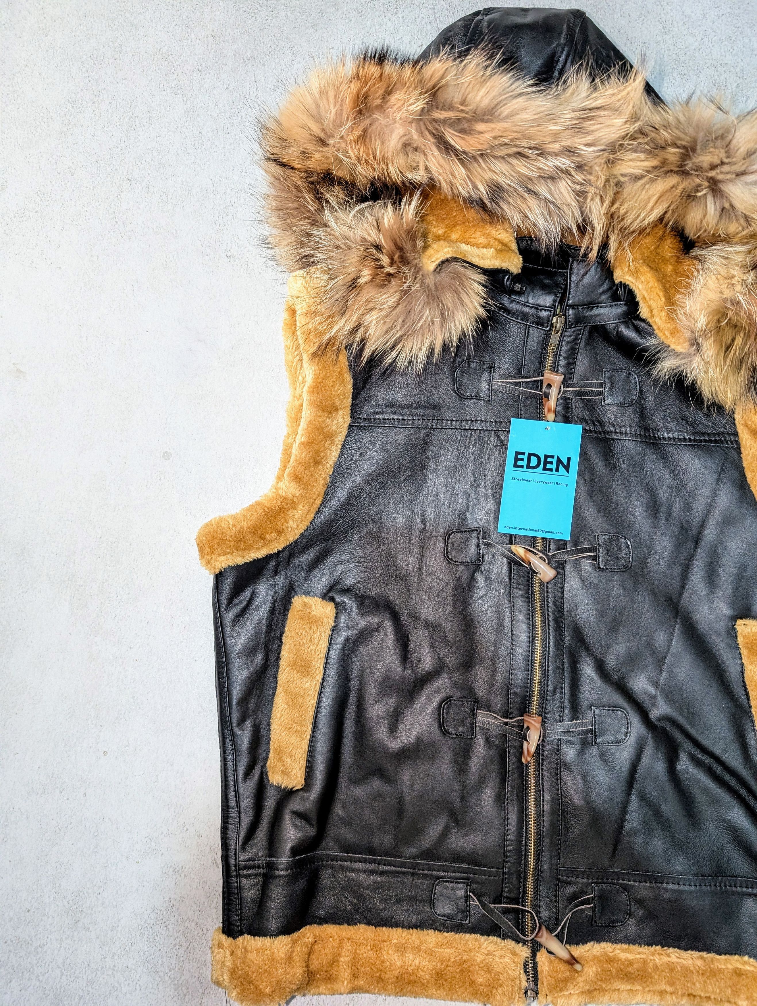Genuine Leather × Vintage 🖤 Men's Black Shearling & Fox Fur Hooded Vest Leather Vest Size US L / EU 52-54 / 3 - 2 Thumbnail