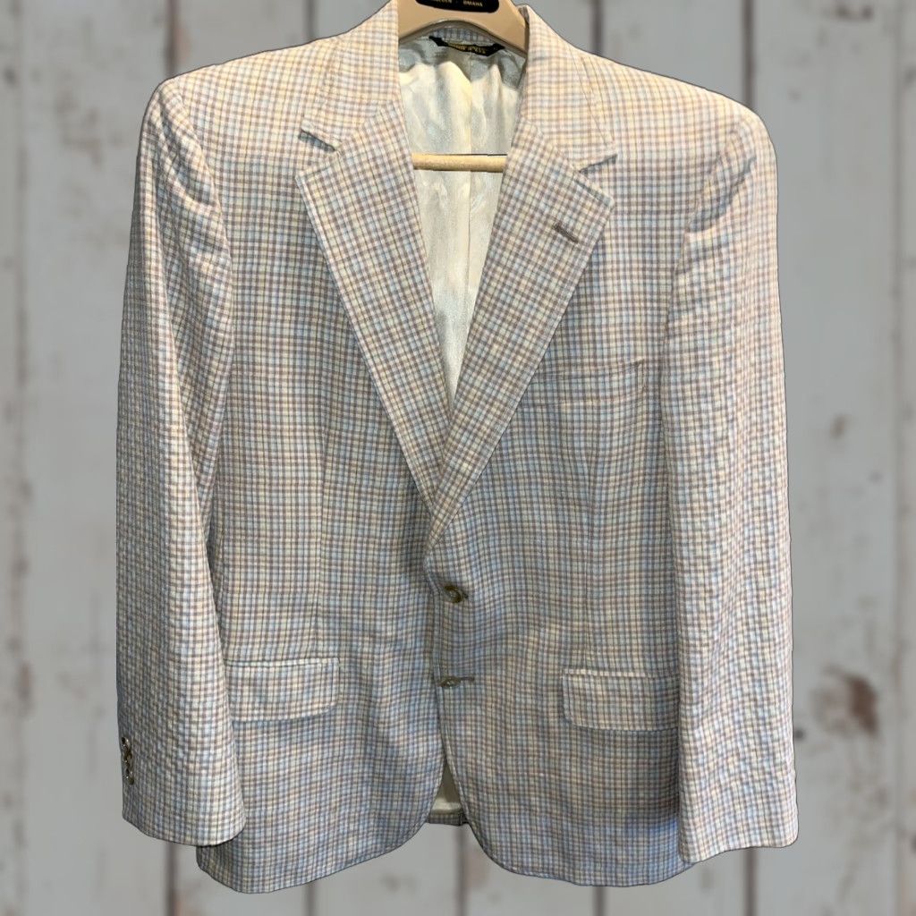 Vintage VINTAGE Johnny Carson Blazer 41R Tan Brown Blue Plaid Wool Blend Single-Breasted 2 Button Notch Lapel Men’s Jacket, 70s 80s 90s Size 42R - 1 Thumbnail