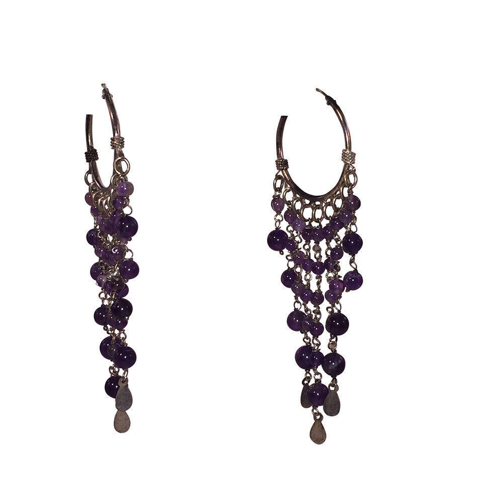 Handmade Sterling Silver Amethyst Bead Dangle Hoop Earrings Size ONE SIZE - 2 Thumbnail