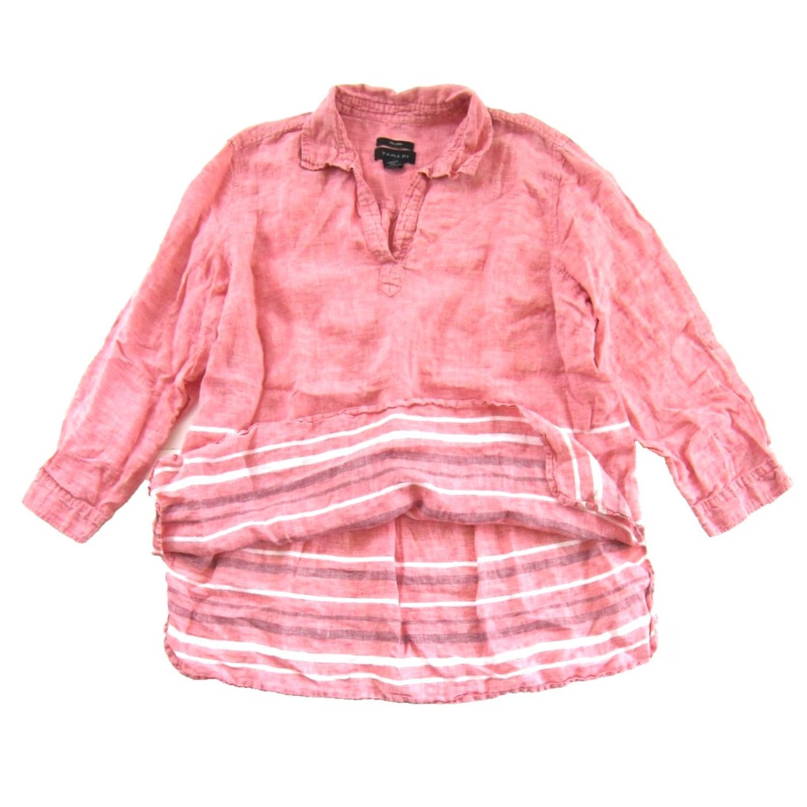Vintage Tahari 100% Linen Pink White Stripe 3/4 Sleeve Collared V-Neck Tunic Blouse 2X Size XXL / US 16-18 / IT 52-54 - 4 Thumbnail