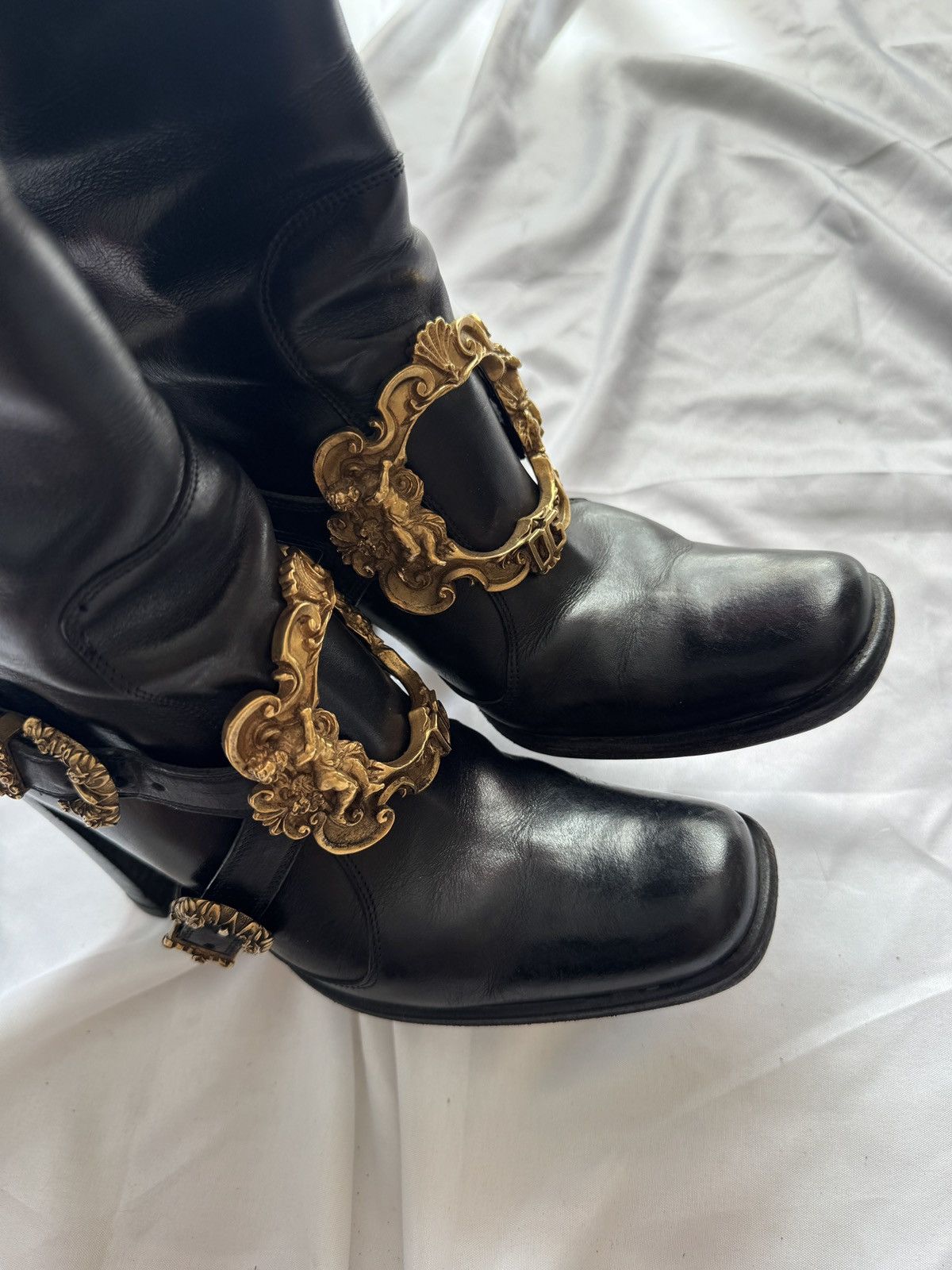 Dolce & Gabbana Dolce & Gabbana Black Leather Flower Embellished Knee Boots Size US 6 / IT 36 - 11 Thumbnail