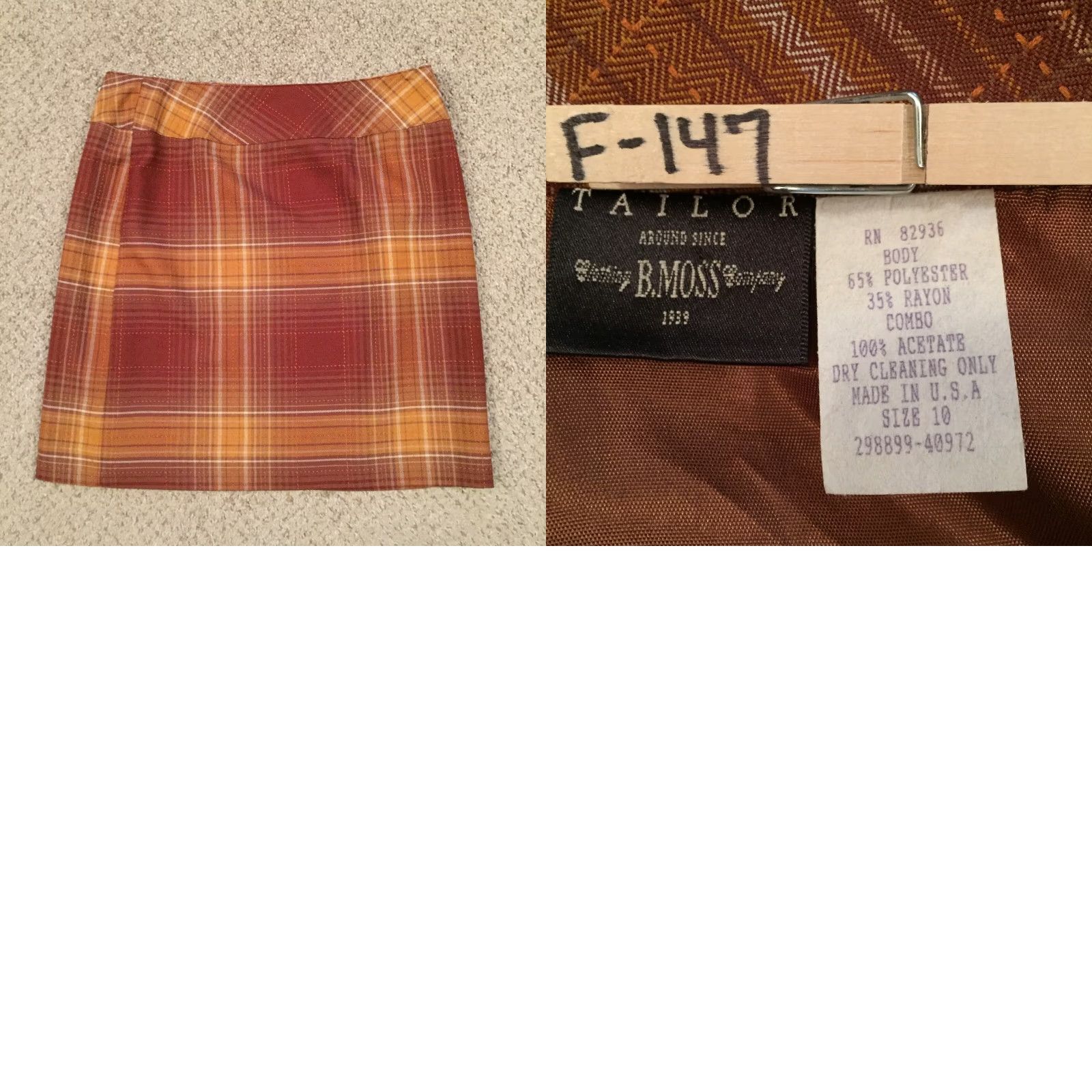 Vintage B. Moss Skirt Women's 10 Orange Plaid Knee Length Wrap Lined Polyester Rayon Pencil Size 32" / US 10 / IT 46 - 8 Thumbnail
