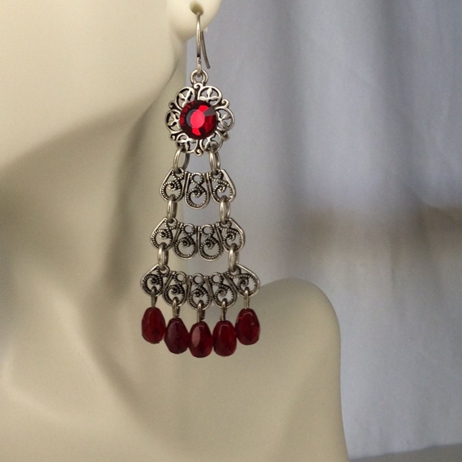 Other Retro 1990's Silver Tone Garnet Bead Chandelier Earrings Size ONE SIZE - 6 Thumbnail