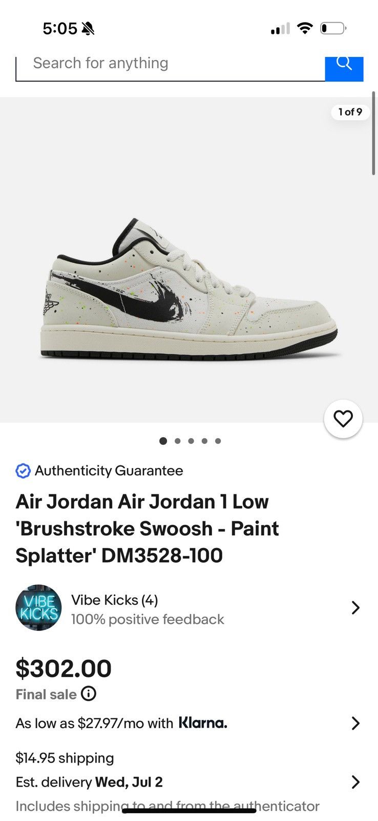Jordan Brand Air Jordan 1 Low Brushstroke Swoosh Paint Splatter Size US 11 / EU 44 - 5 Thumbnail