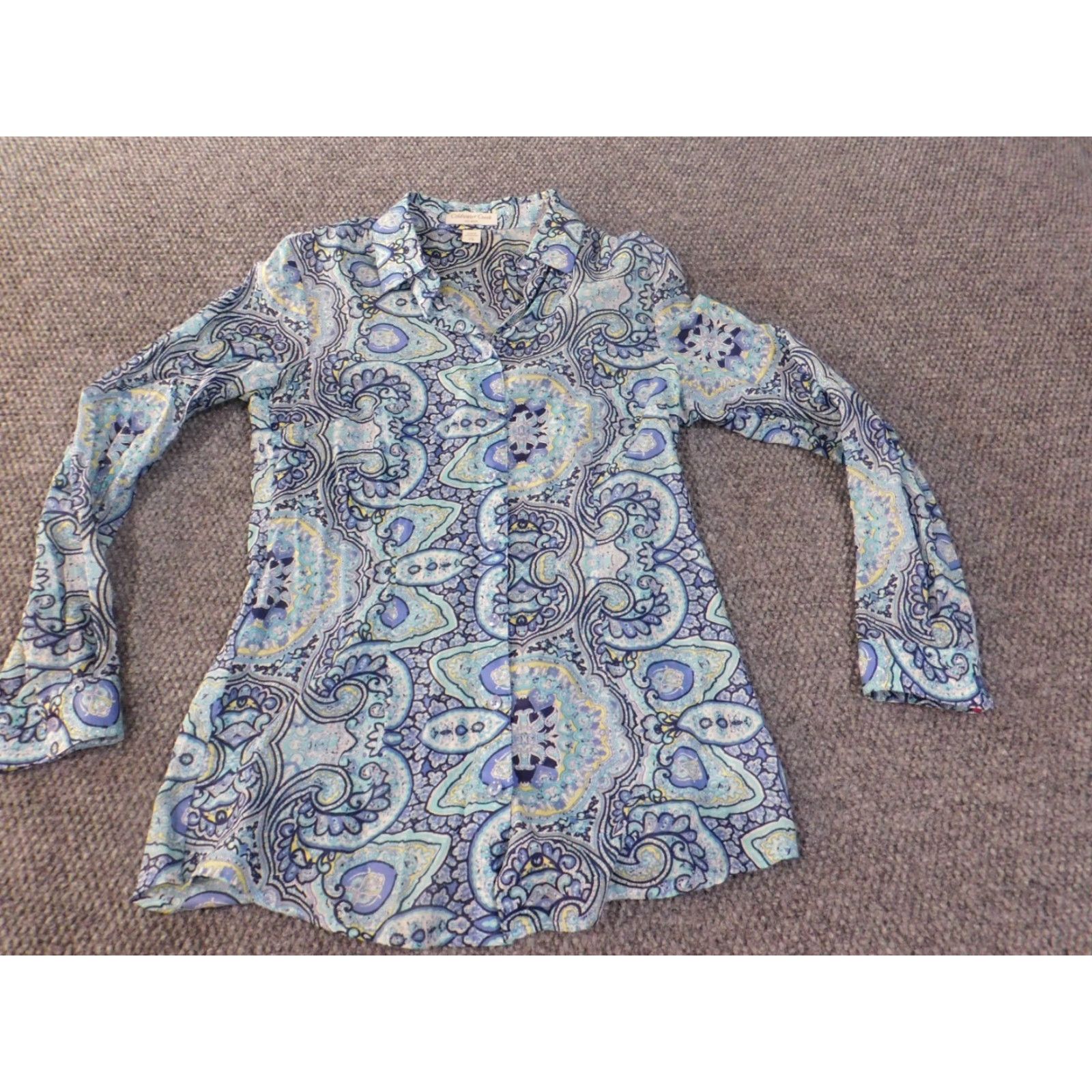 Coldwater Creek Coldwater Creek Womens Button-Up Tunic Top XS Blue Geometric Cotton Woven Classic Breather casual Regular Fits Girls, etc Size XS / US 0-2 / IT 36-38 - 2 Thumbnail