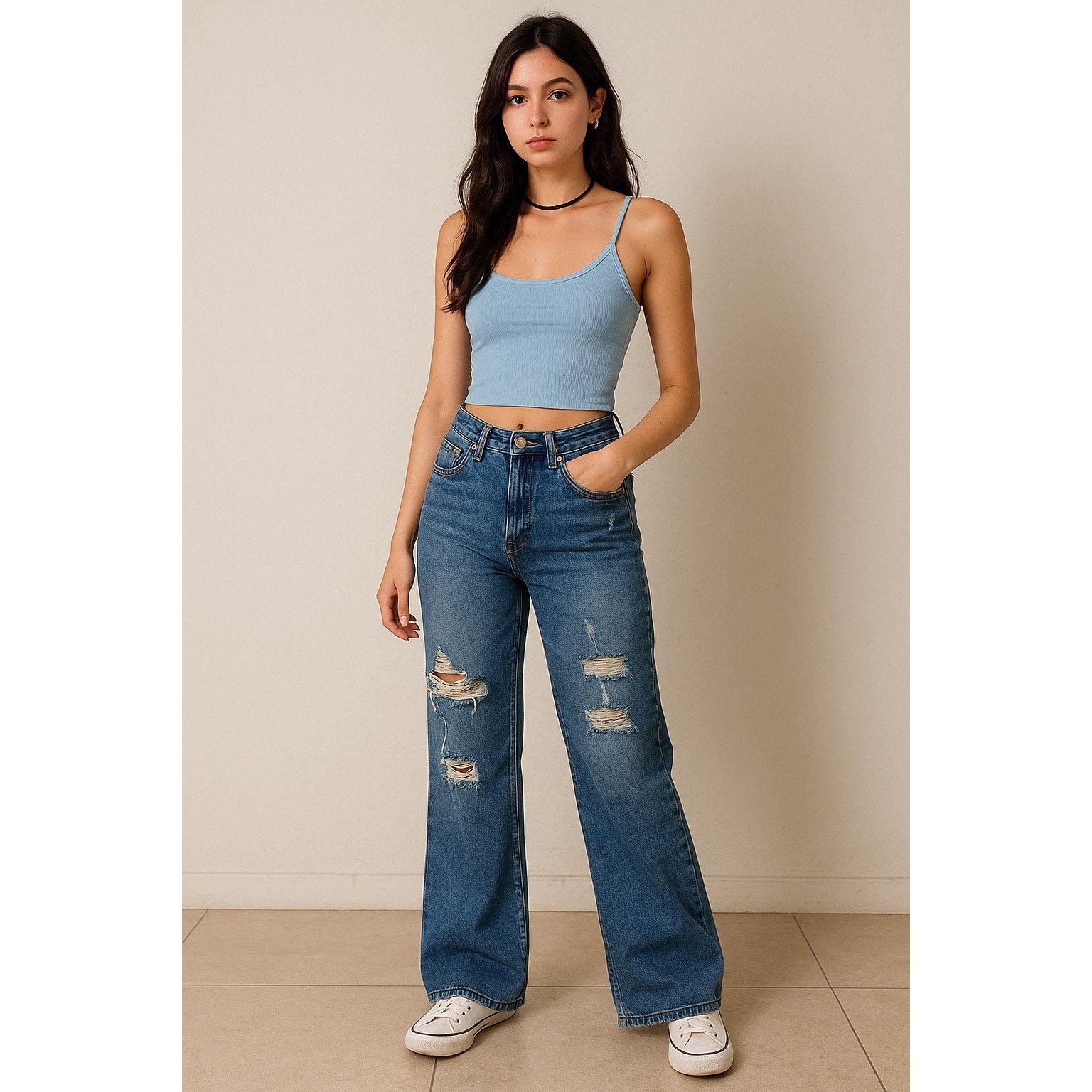 Indigo Y2K Grunge Distressed Wide Leg Blue Denim Jeans Indigo 9 Size 29" - 1 Thumbnail