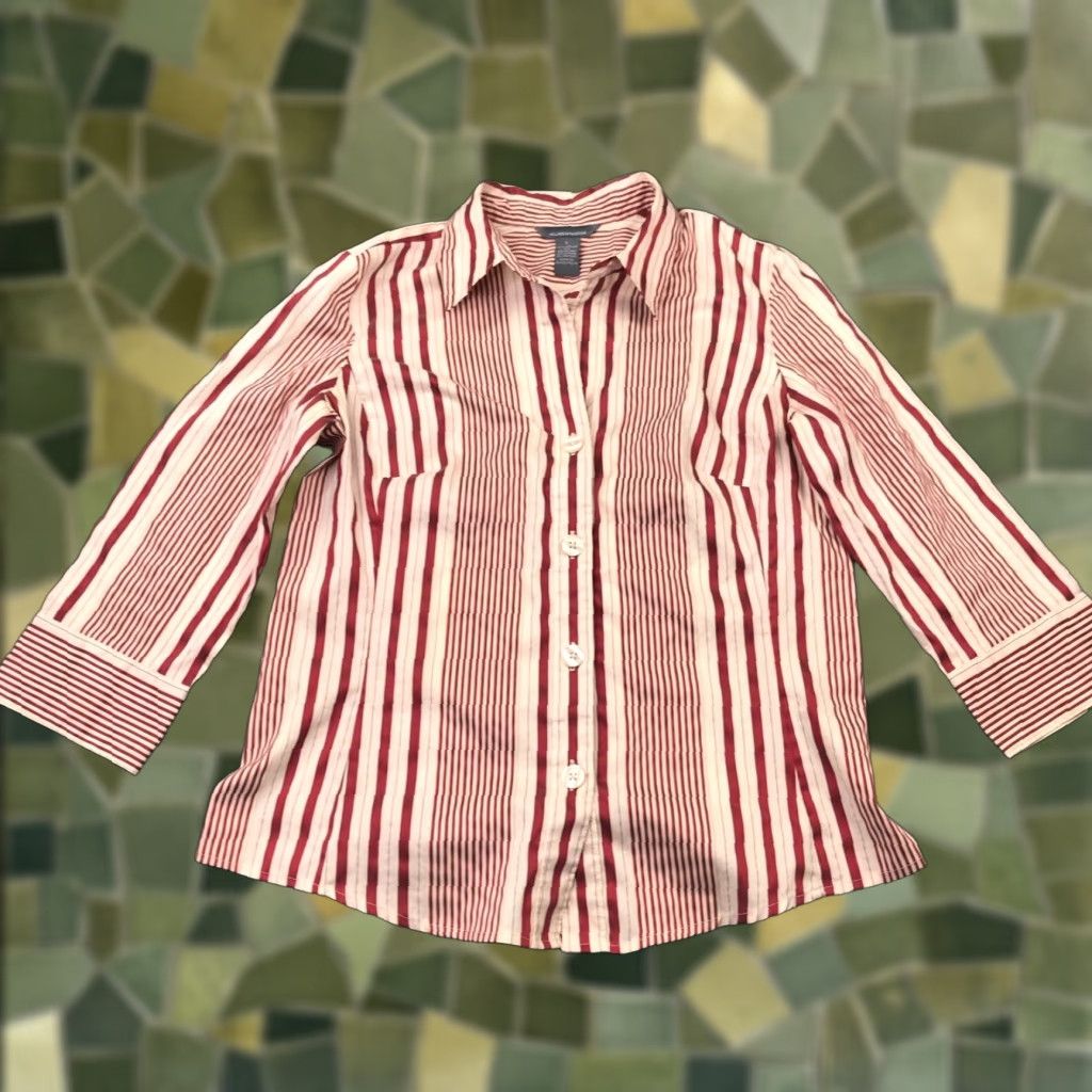 Vintage Hillard & Hanson Womens Shirt Top L Beige Red Stripes Button Down Stretch Casual Party/Cocktail Travel Size L / US 10 / IT 46 - 1 Thumbnail