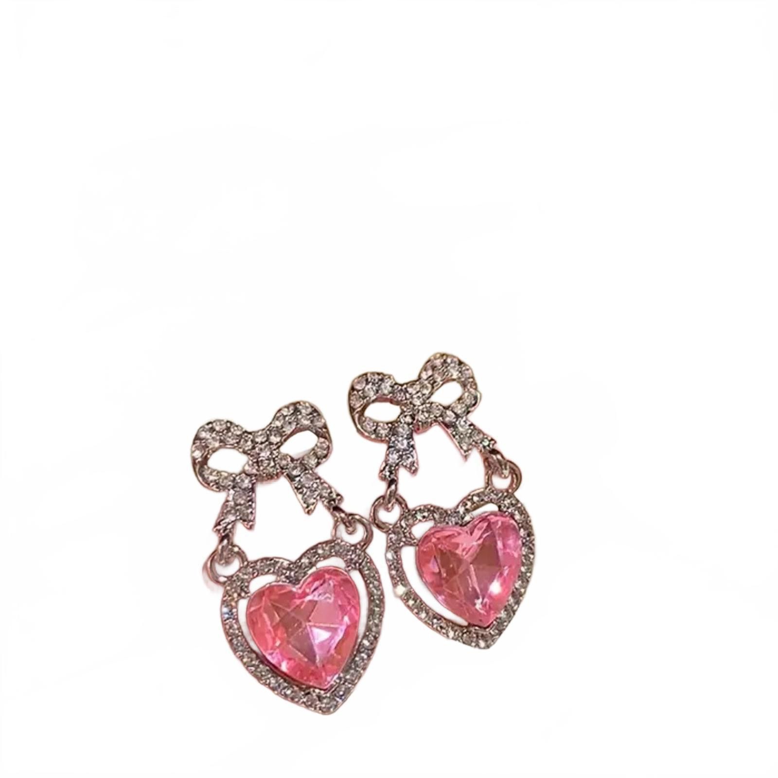 Designer Pink Heart Shape Bowknot Stud Earrings CZ Zircon Size ONE SIZE - 2 Thumbnail