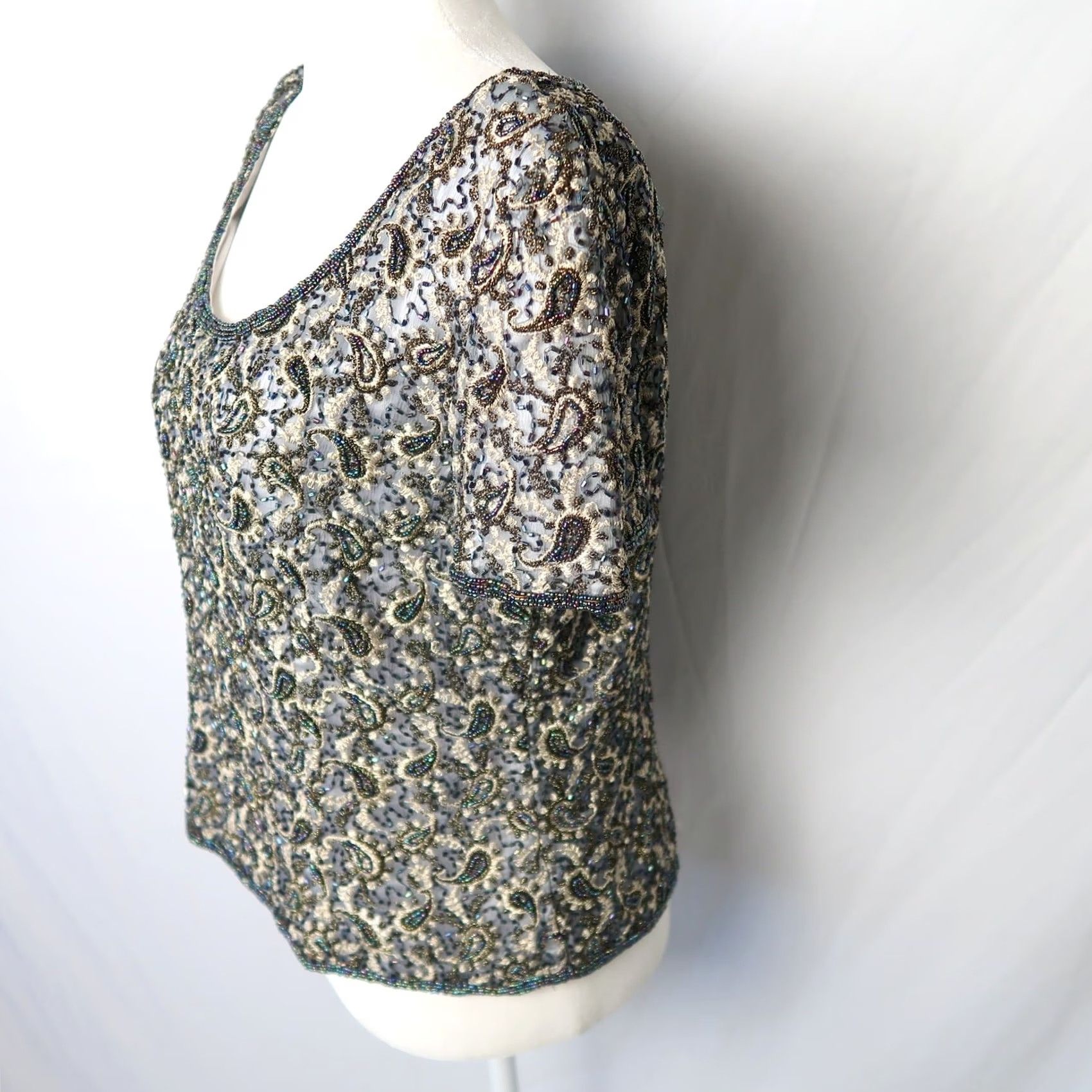 Adrianna Papell VINTAGE Adrianna Papell Shirt Petites 12P Silk Gray Blue Paisley Beaded Top Womens Size XL / US 12-14 / IT 48-50 - 4 Thumbnail