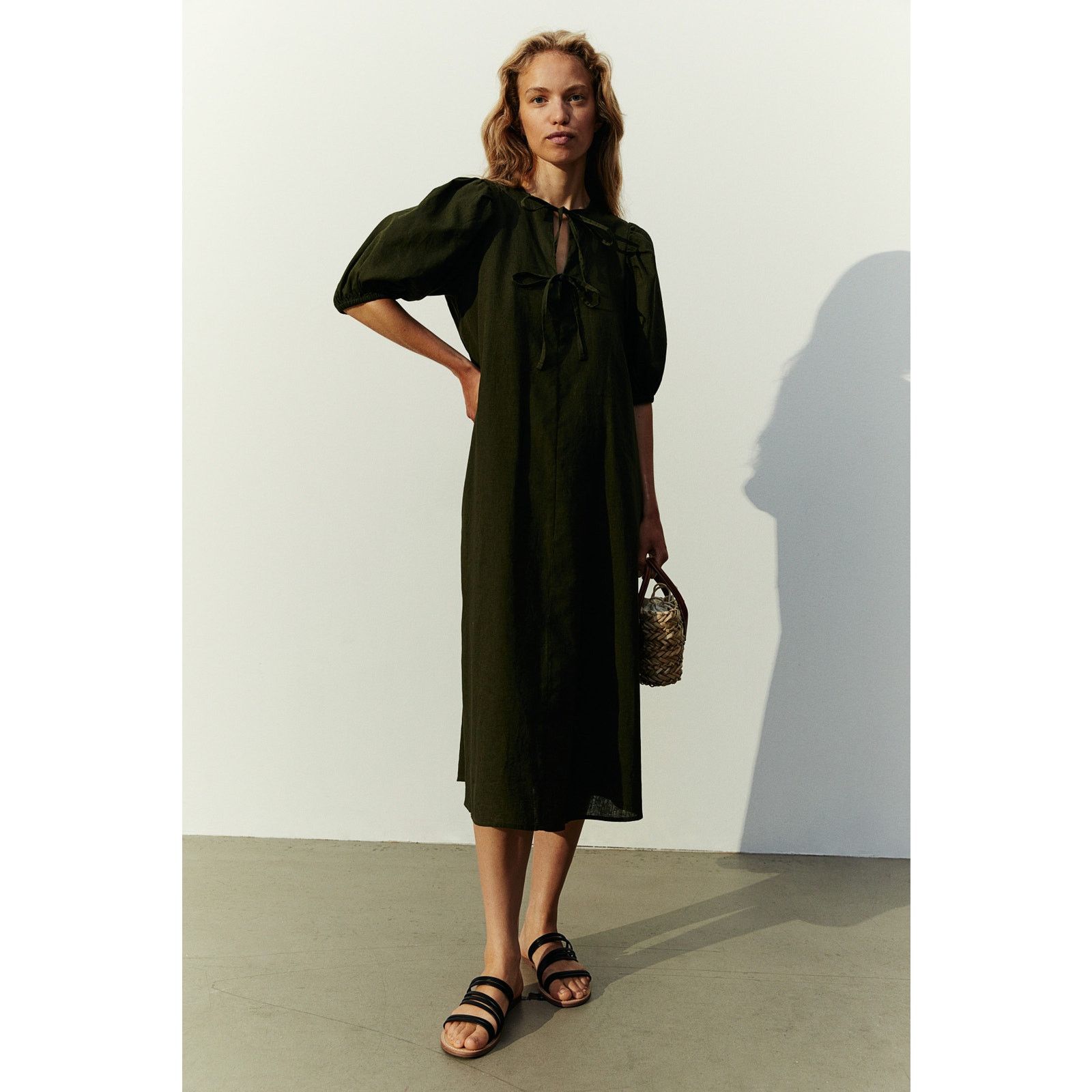 H&M Olive Linen Blend Puff Sleeve Dress Front Ties