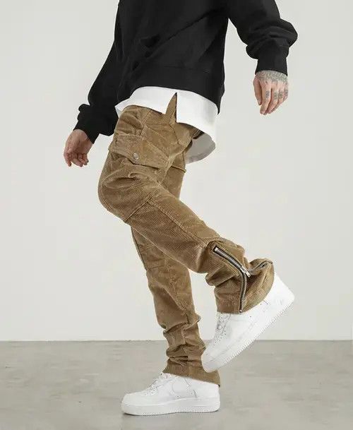 Japanese Brand Khaki Corduroy Zip Flare Leg Cargo Pants Trousers Size US 36 / EU 52 - 2 Thumbnail
