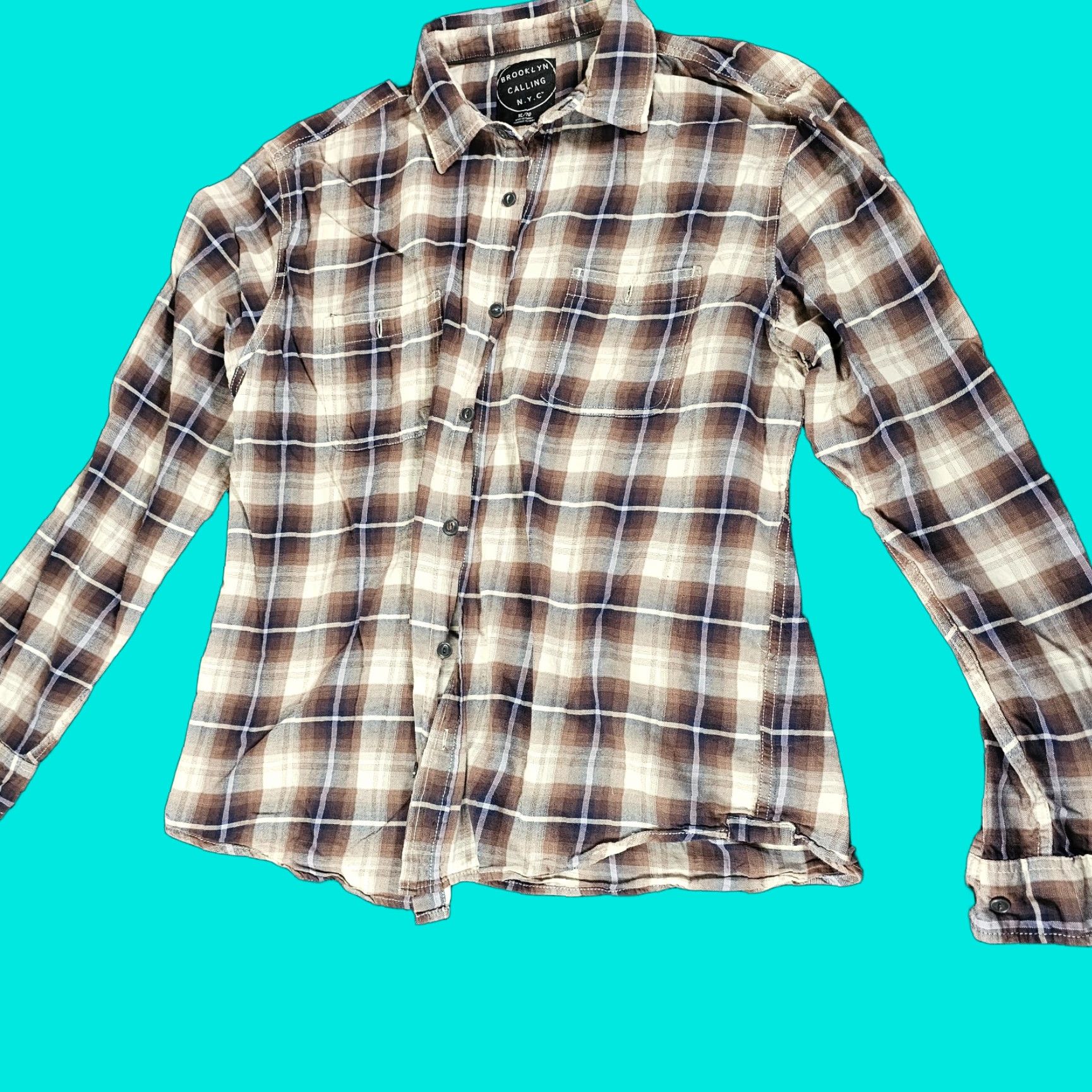 Vintage Brooklyn Calling NYC Button Up Shirt Mens XL Brown White Long Sleeve Plaid Size US XL / EU 56 / 4 - 1 Thumbnail