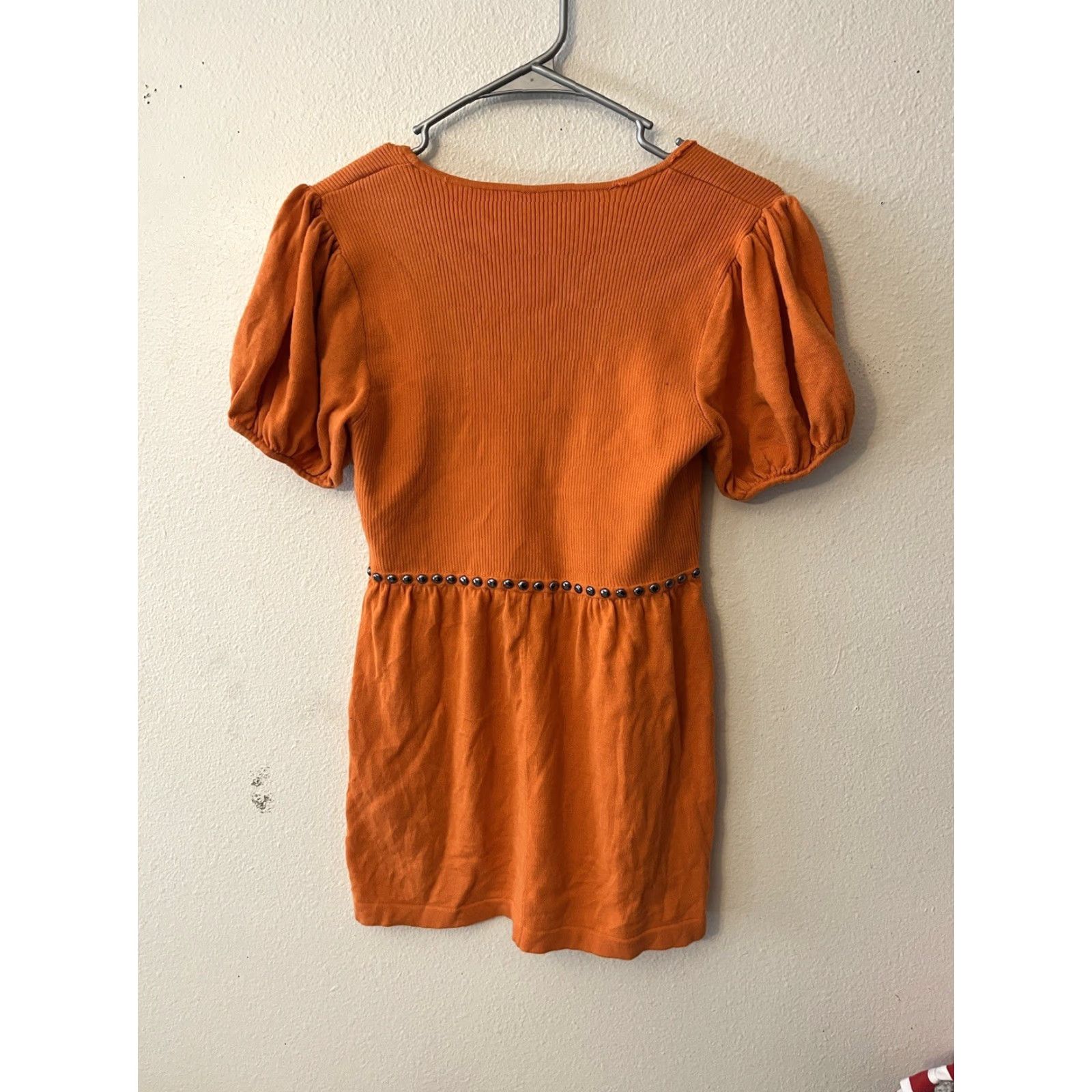 Vintage Kenar Women Orange Casual Dress Small Body: 27.0 Length, Short Sleeve, Square Neck, Studded, Cotton, Regular Size S, Casual Dresses, 90s? Size S / US 4 / IT 40 - 3 Thumbnail