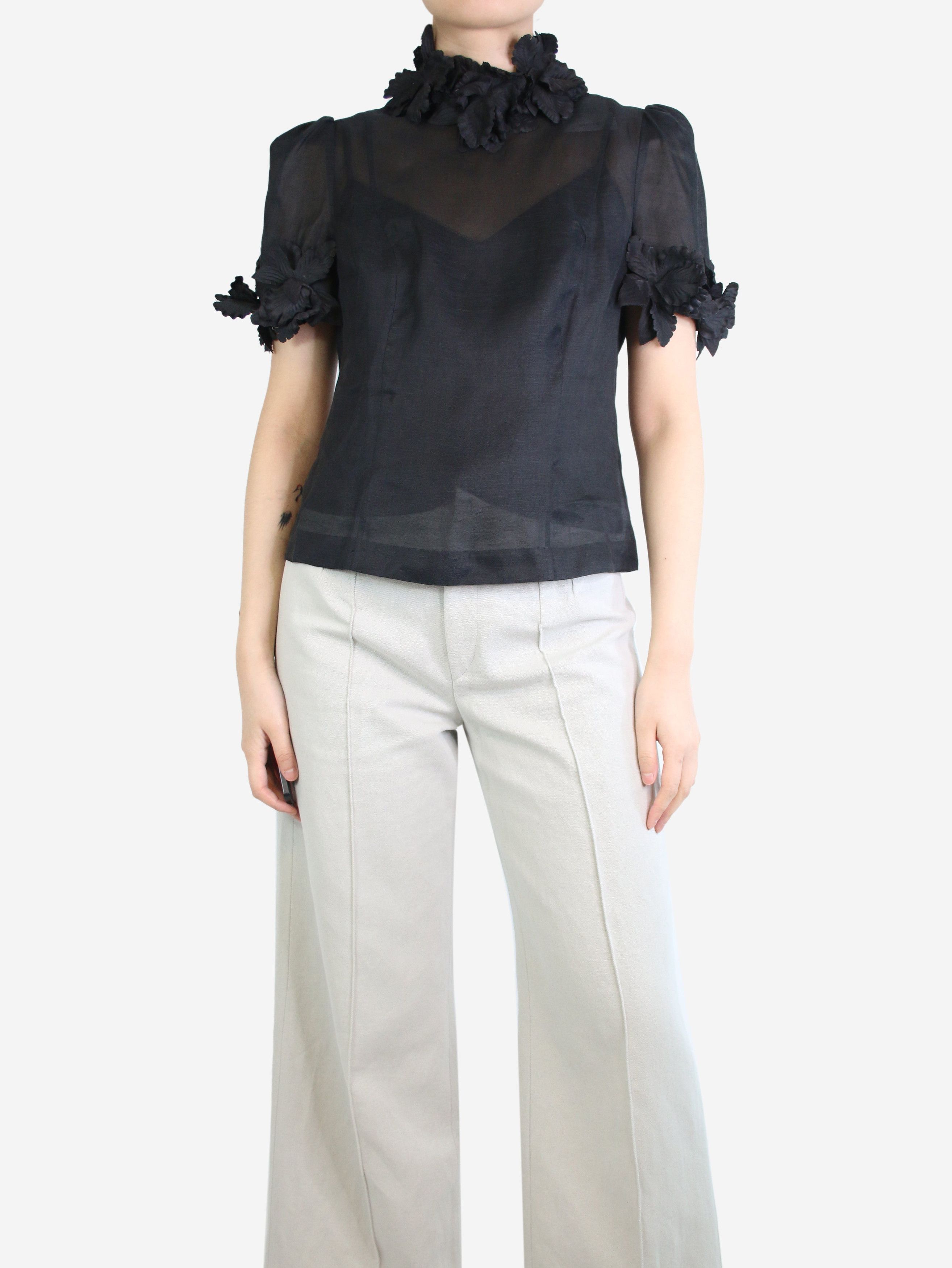 Black high-neck floral trimmed top - size UK 12