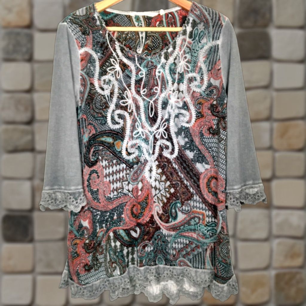 Soft Surroundings SOFT SURROUNDINGS Tunic Top Shirt Women Small Gray Paisley Embroidered Lace Trim Bohemian Size S / US 4 / IT 40 - 1 Thumbnail