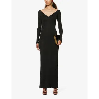 Saint Laurent Paris o1s1wg111024 Robe Longue Decolette V Viscose Dress in Noir Size L / US 10 / IT 46 - 2 Thumbnail