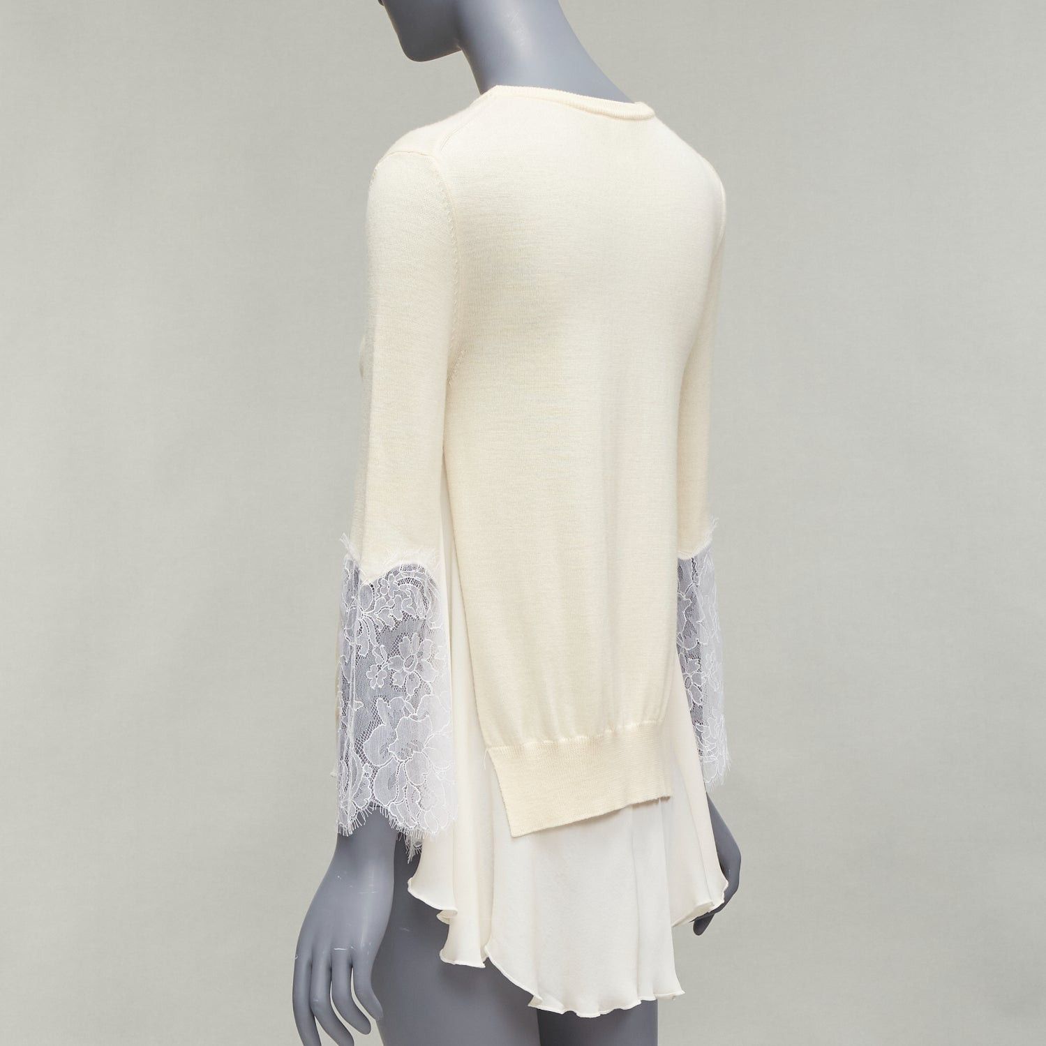 image of Oscar De La Renta Cream Lace Flare Sleeve Chiffon Insert Hi Low Hem Sweater Xs, Women's