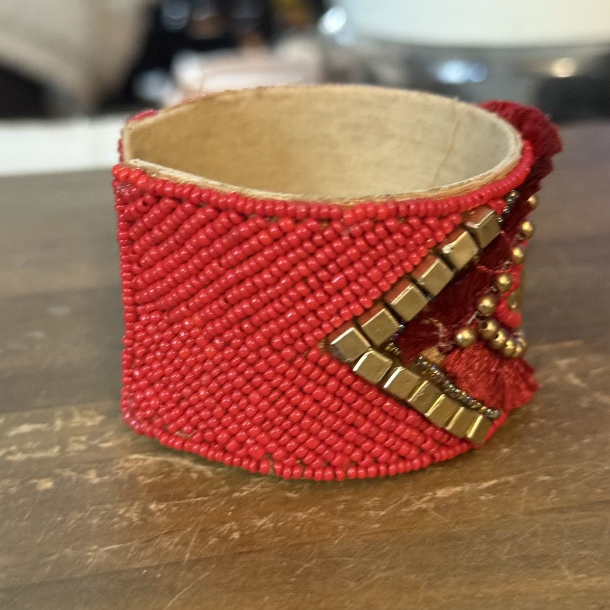 Other Handmade red and gold beaded evil eye wide cuff bracelet Size ONE SIZE - 4 Thumbnail
