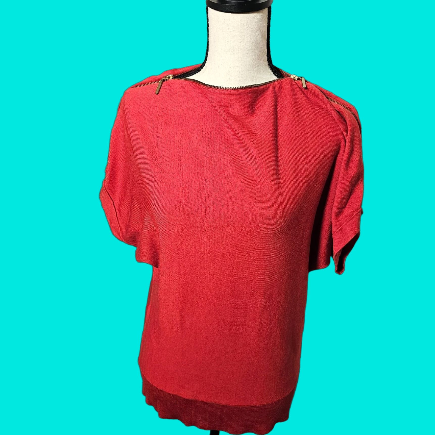 Vintage AUGUST SILK Women's Blouse Size L 3/4 Sleeve Zip Round Neck Solid Blue Casual Regular Fit Size L / US 10 / IT 46 - 1 Thumbnail
