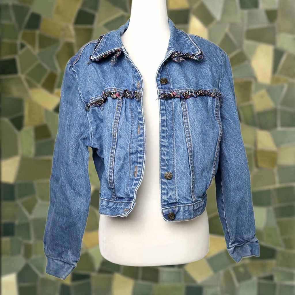 Denime VINTAGE 80s Denim Jacket Blue Floral Trim Cotton Size 6 Jacket Womens Ladies 1980s Casual Arts & Crafts Size 28" / US 6 / IT 42 - 1 Thumbnail