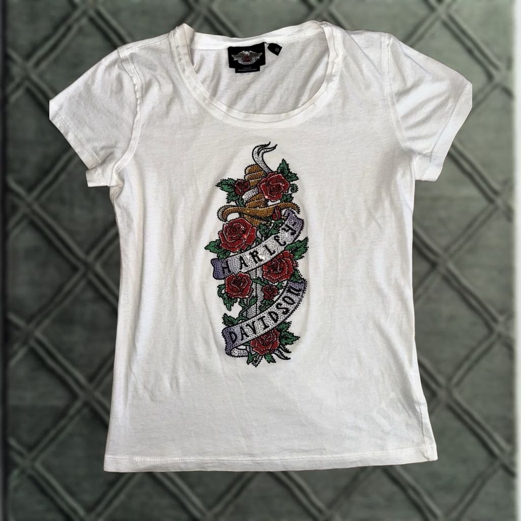 Harley Davidson VINTAGE Harley-Davidson Women’s T Shirt Short Sleeve Rose Rhinestones Bling Size S Size S / US 4 / IT 40 - 1 Thumbnail