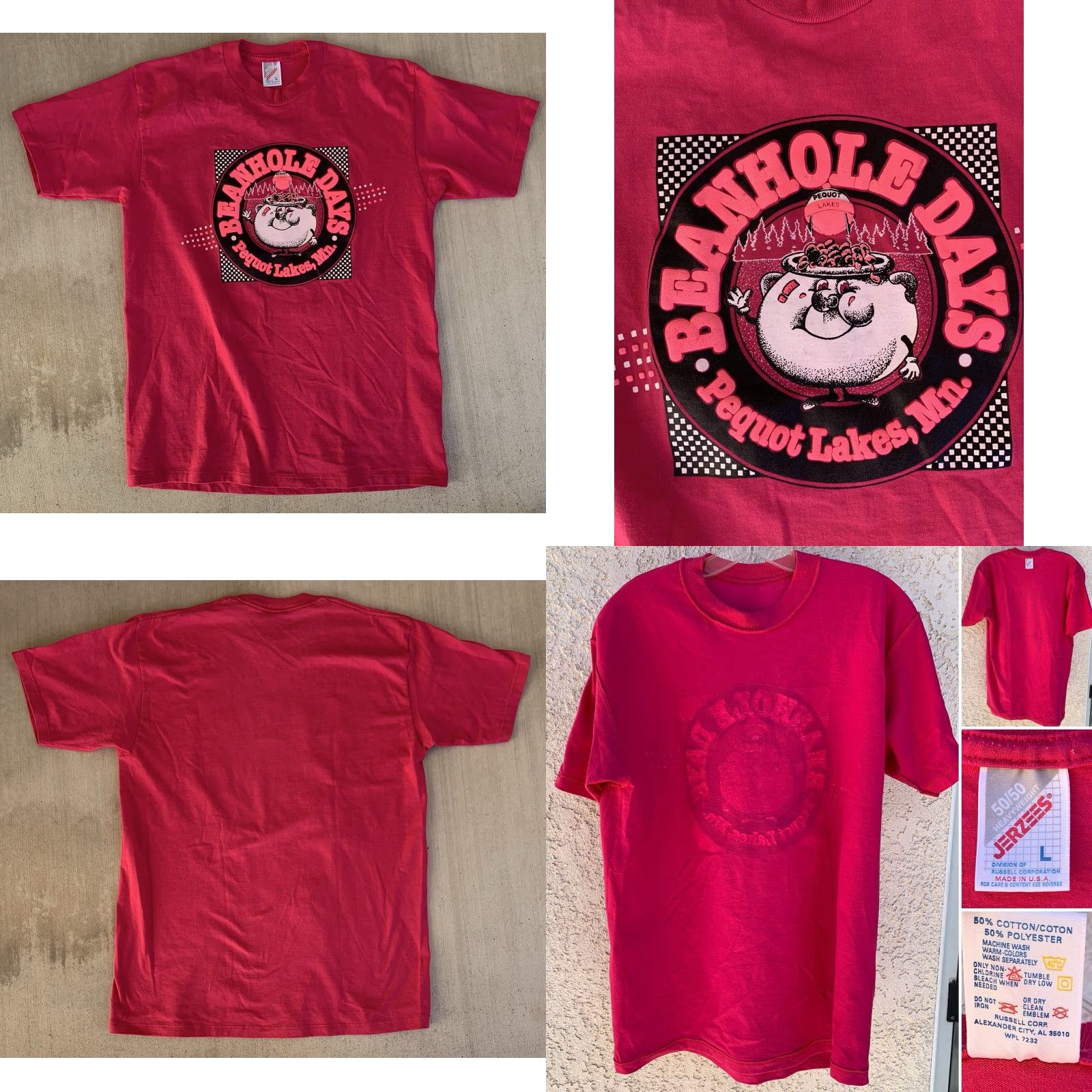 Jerzees VINTAGE Beanhole Days T Shirt Pequot Lakes Mn Pink L Large Jersey/JERZEES Short Sleeve Cotton Blend Graphic Print Mens Regular Size L Size US L / EU 52-54 / 3 - 10 Thumbnail