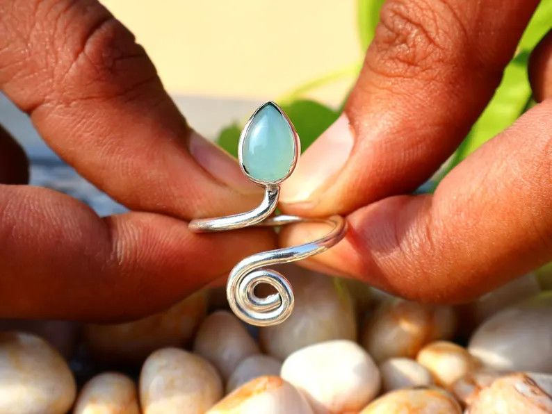 Handmade Chalcedony Ring, Handmade Pear Gemstone, March Birthstone Size ONE SIZE - 1 Thumbnail
