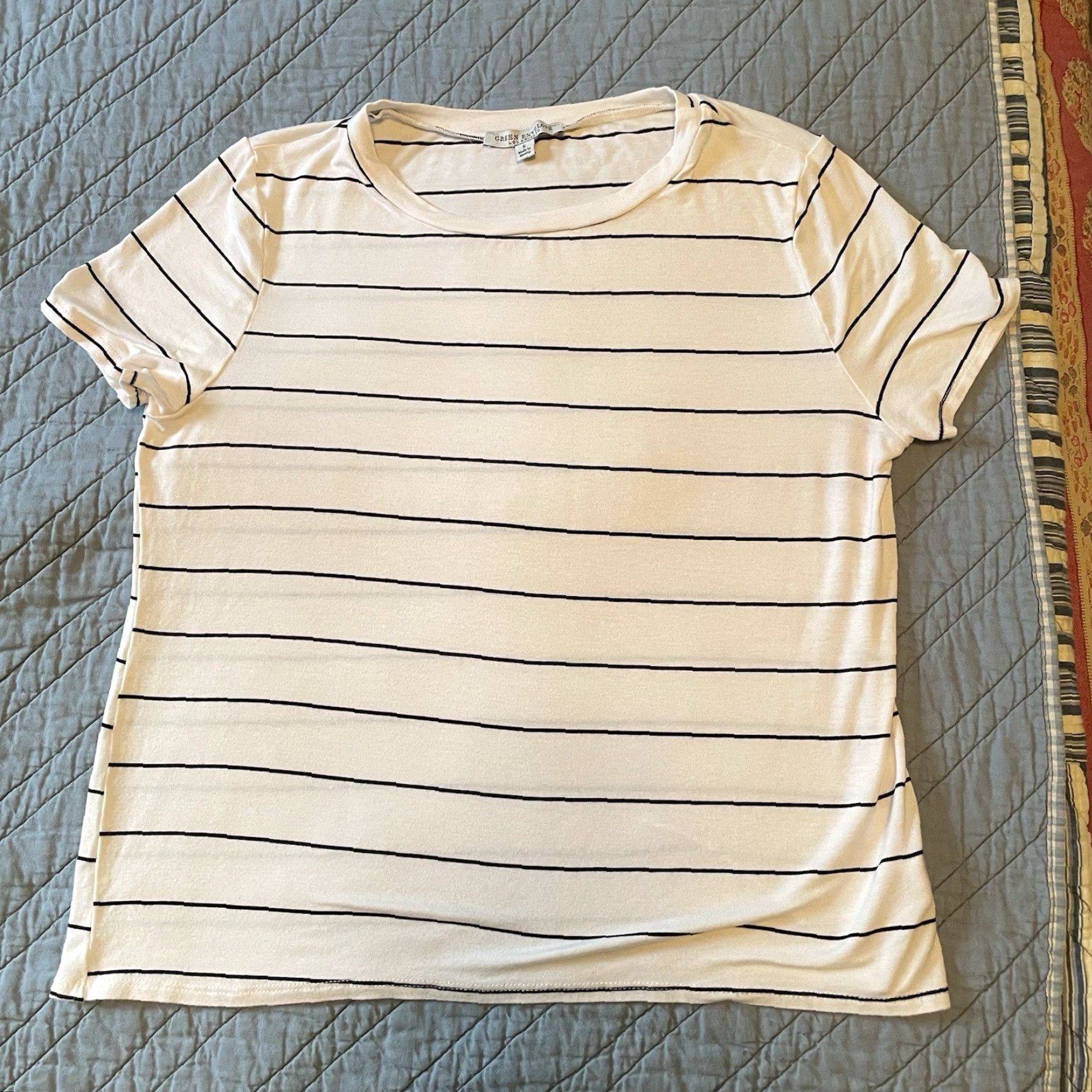 Vintage Green Envelope Top Womens S Ivory Black Striped Round Neck T-Shirt Short Sleeve Size S / US 4 / IT 40 - 3 Thumbnail