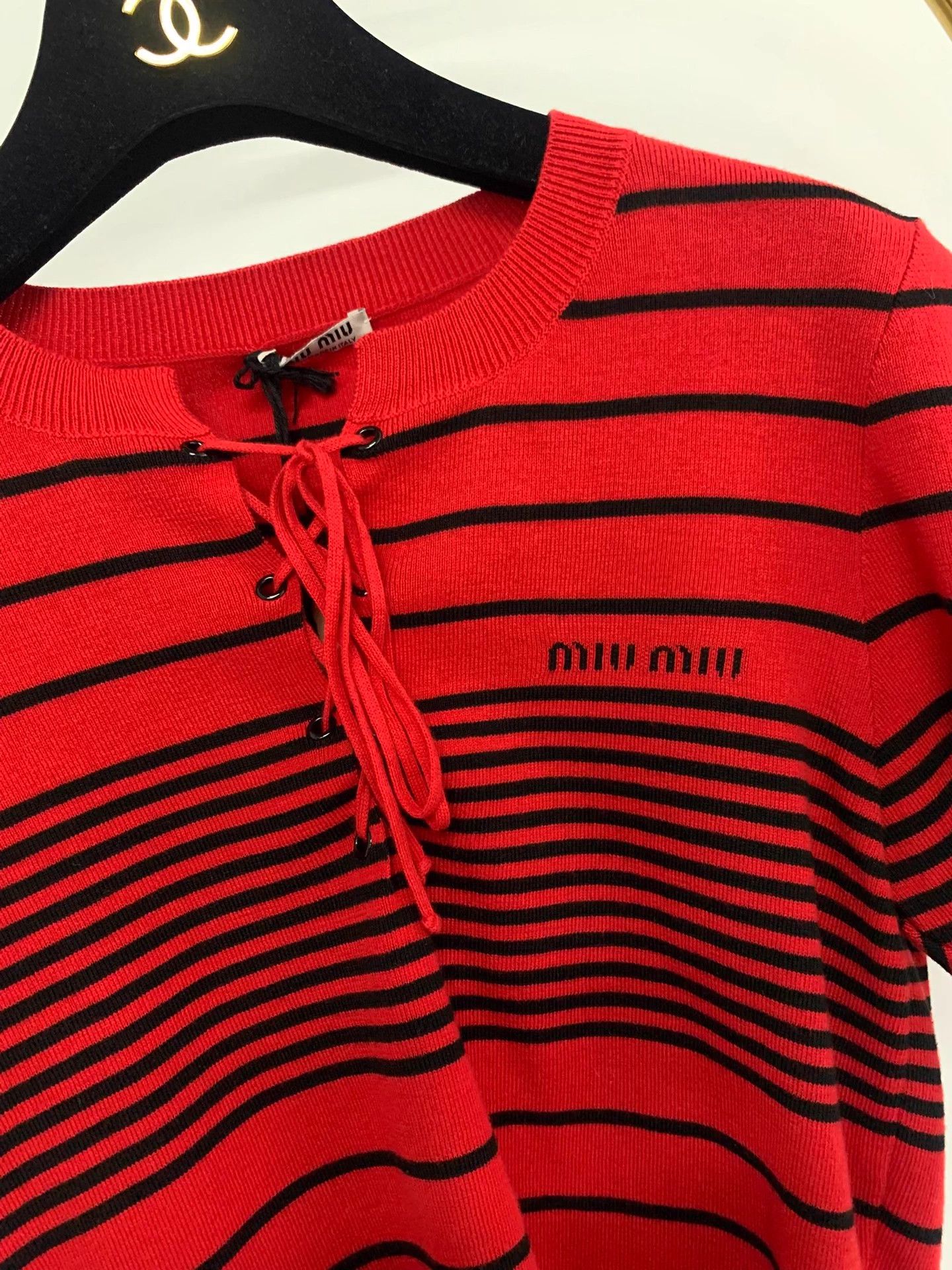 Miu Miu Miu Miu Red Stripe Tie Knit Short Sleeve 40 Size S / US 4 / IT 40 - 2 Thumbnail