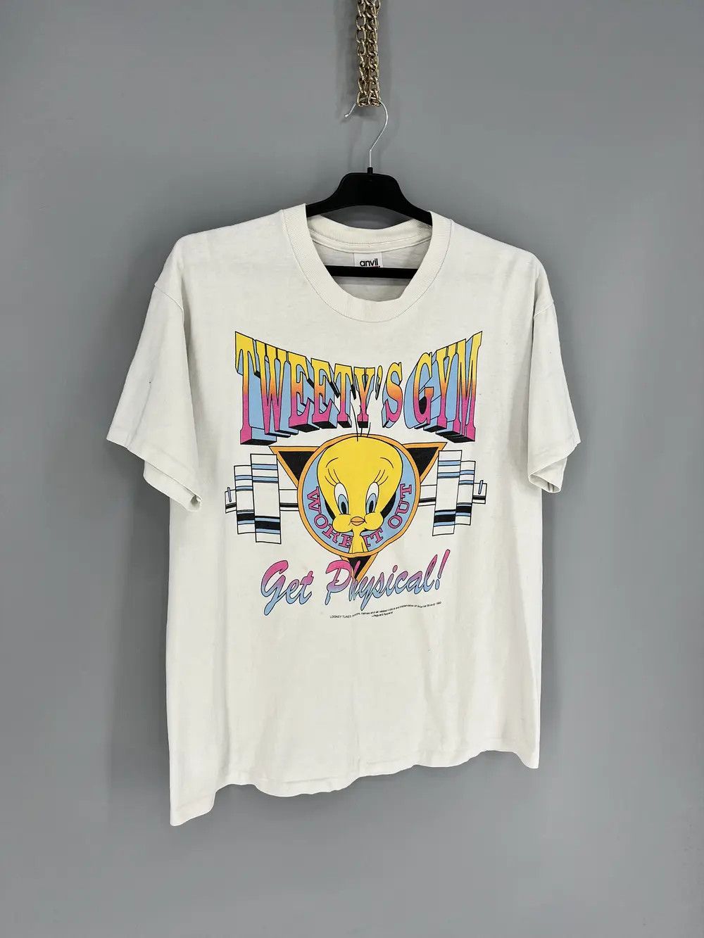 Warner Bros Vtg 1993 Tweety’s Gym Looney Tunes Workout Theme Mens TShirt Size US L / EU 52-54 / 3 - 2 Thumbnail