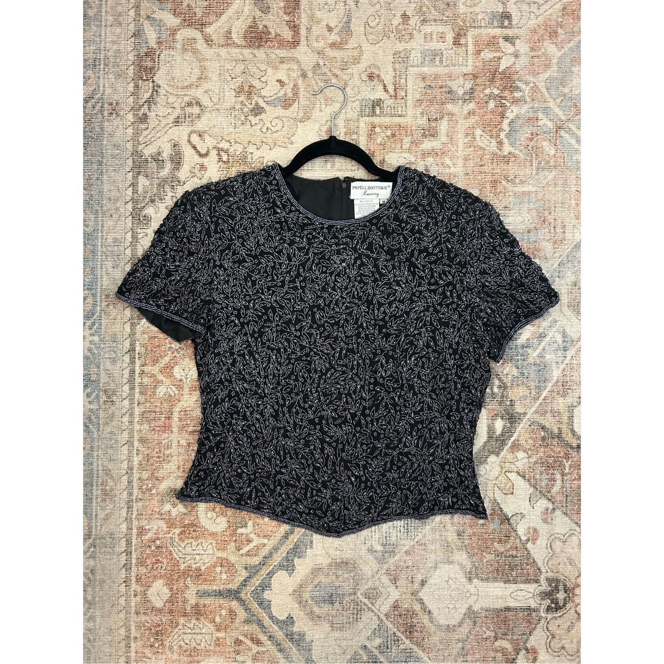 Other Papell Boutique Vintage Beaded Black Silk Blouse, Size Mediu Size M / US 6-8 / IT 42-44 - 1 Thumbnail