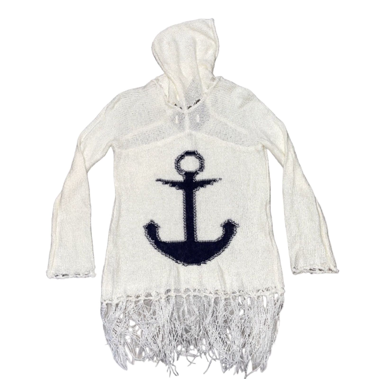Vintage Havana VINTAGE Vintage Havana Sweater Women M Ivory Anchor Fringe Hem Knitted Open-Knit V-Neck Hooded Pullover Casual Boating Sailing - Mens? Size M / US 6-8 / IT 42-44 - 2 Thumbnail