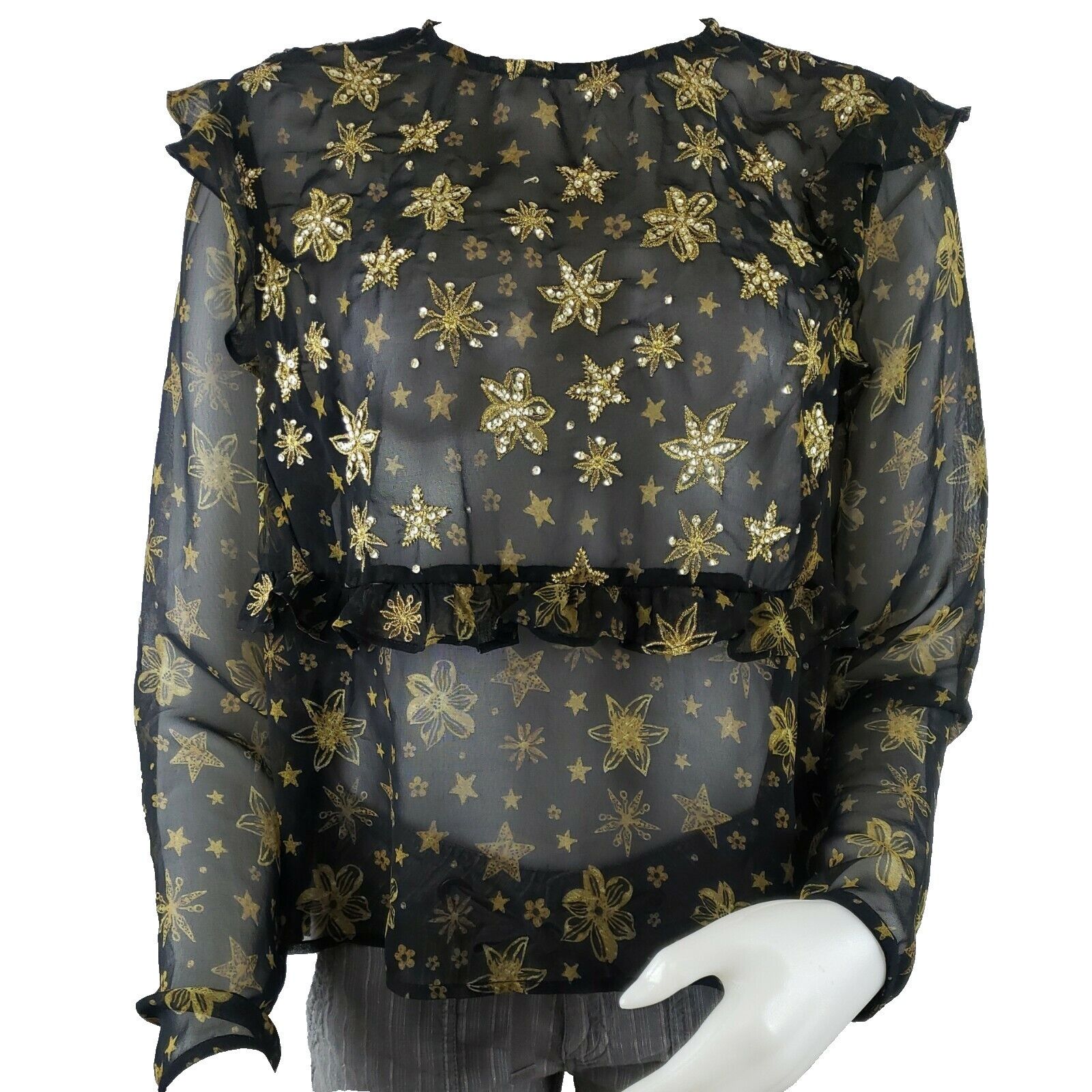 Topshop Topshop Idol Blouse Sz 10 Sheer Black Chiffon Ruffles Gold S Size L / US 10 / IT 46 - 1 Thumbnail