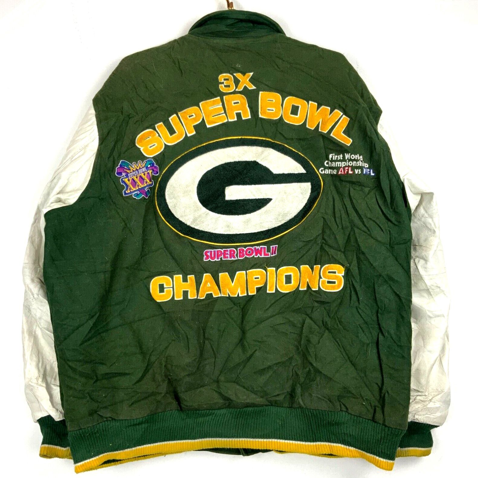 image of Green Bay Packers Superbowl Champions Wool Leather Bomber Jacket Size 2Xl Nfl in White, Men's